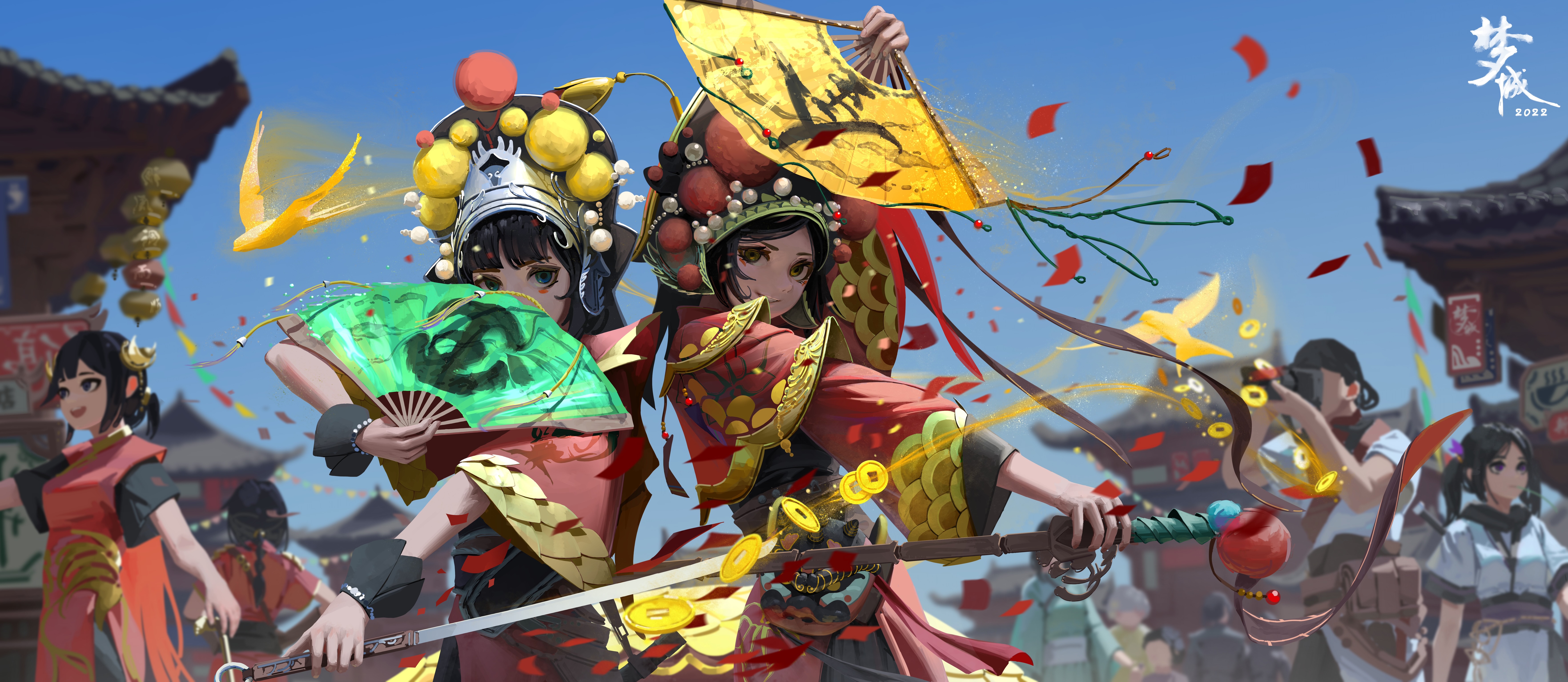 Beijing Opera Fans Anime Anime Girls Women With Swords Two Women Petals 7052x3072