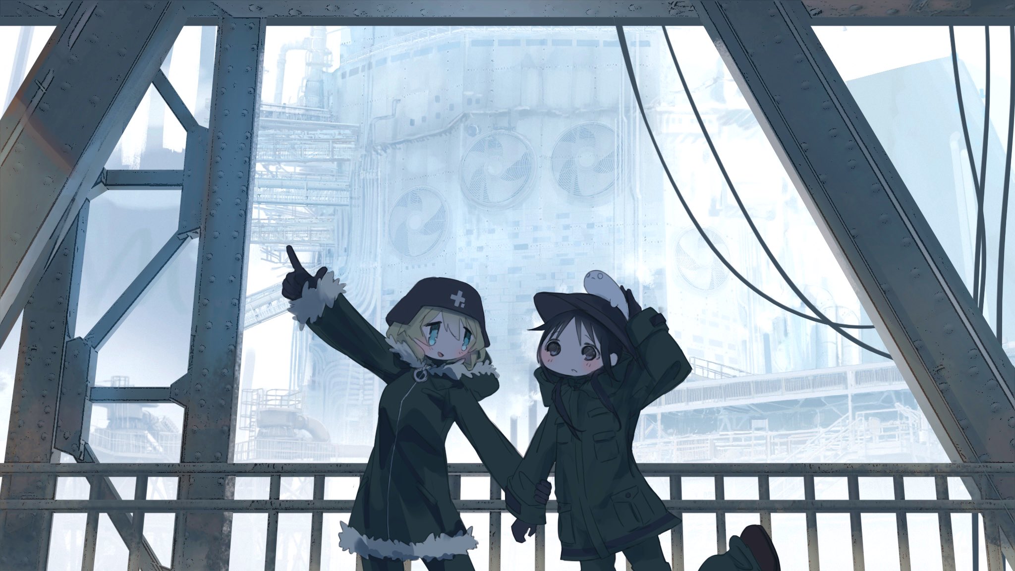 Shoujo Shuumatsu Ryokou Anime Girls Gloves Finger Pointing Hat Blushing Coats Cold 2048x1152
