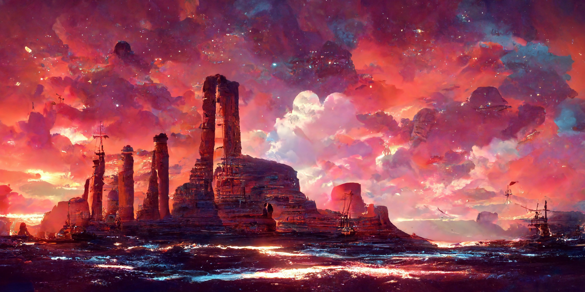 Ai Vaporwave Red Clouds Stars Coast Cliff Pillar Pink Ai Art Water 2048x1024