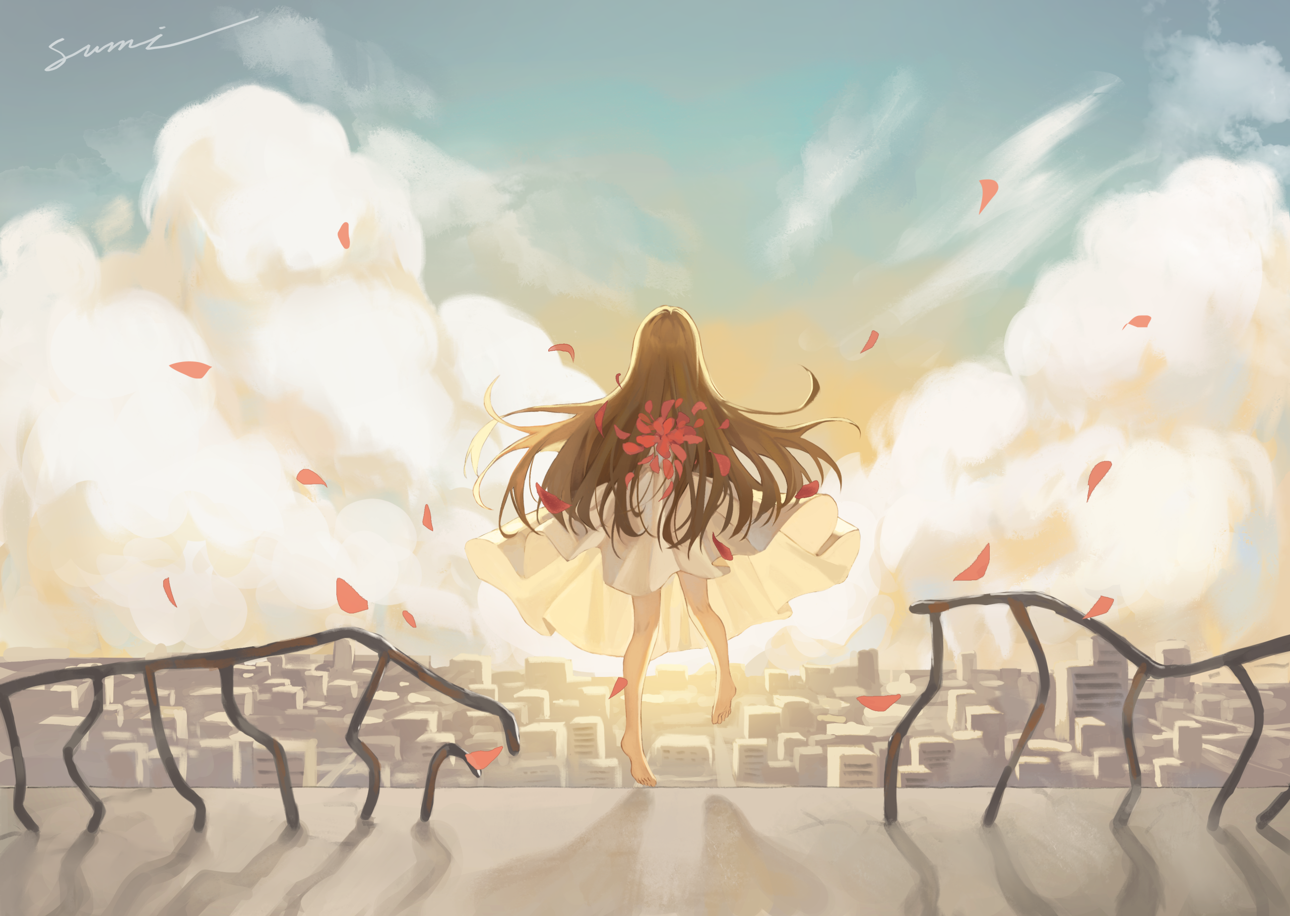 Anime Anime Girls Dress Petals Long Hair Sky Clouds Signature City Cityscape Feet Foot Sole Digital  2600x1847