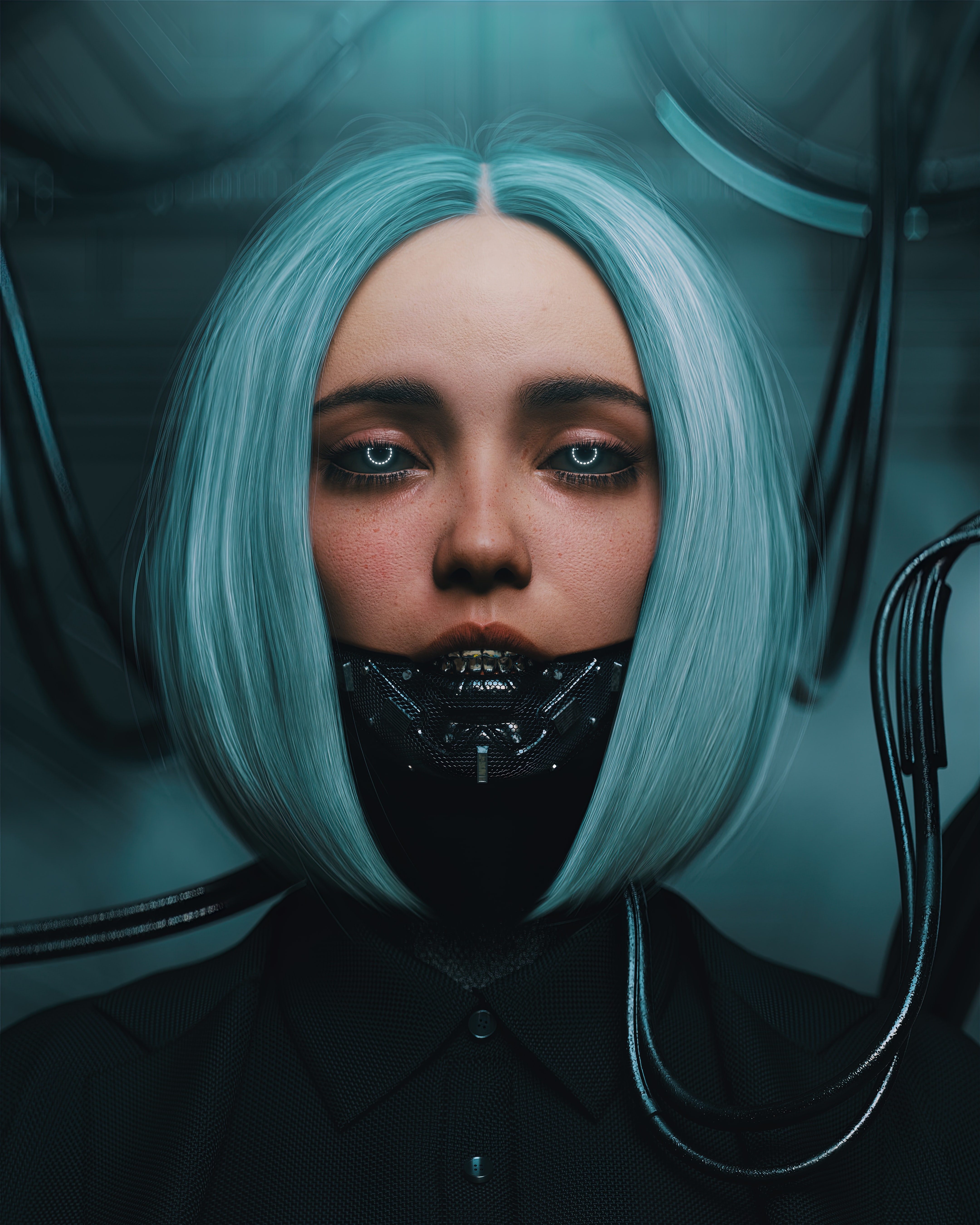 Yuga Digital Art Artwork Illustration Women Portrait Mask Cyberpunk Blue Hair 4320x5400