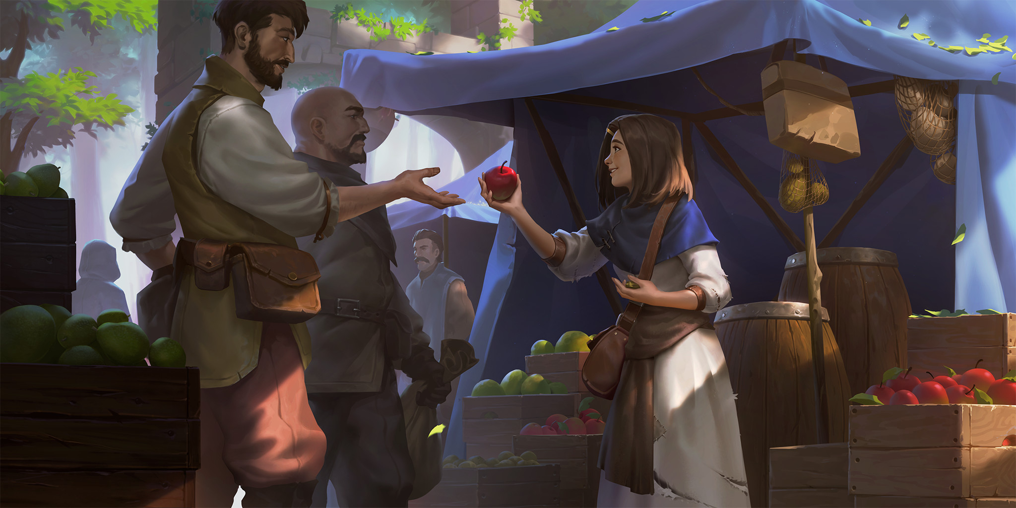 Fantasy Girl Fantasy City Legends Of Runeterra Fruit Market Town Apples Video Games Video Game Art 2048x1024