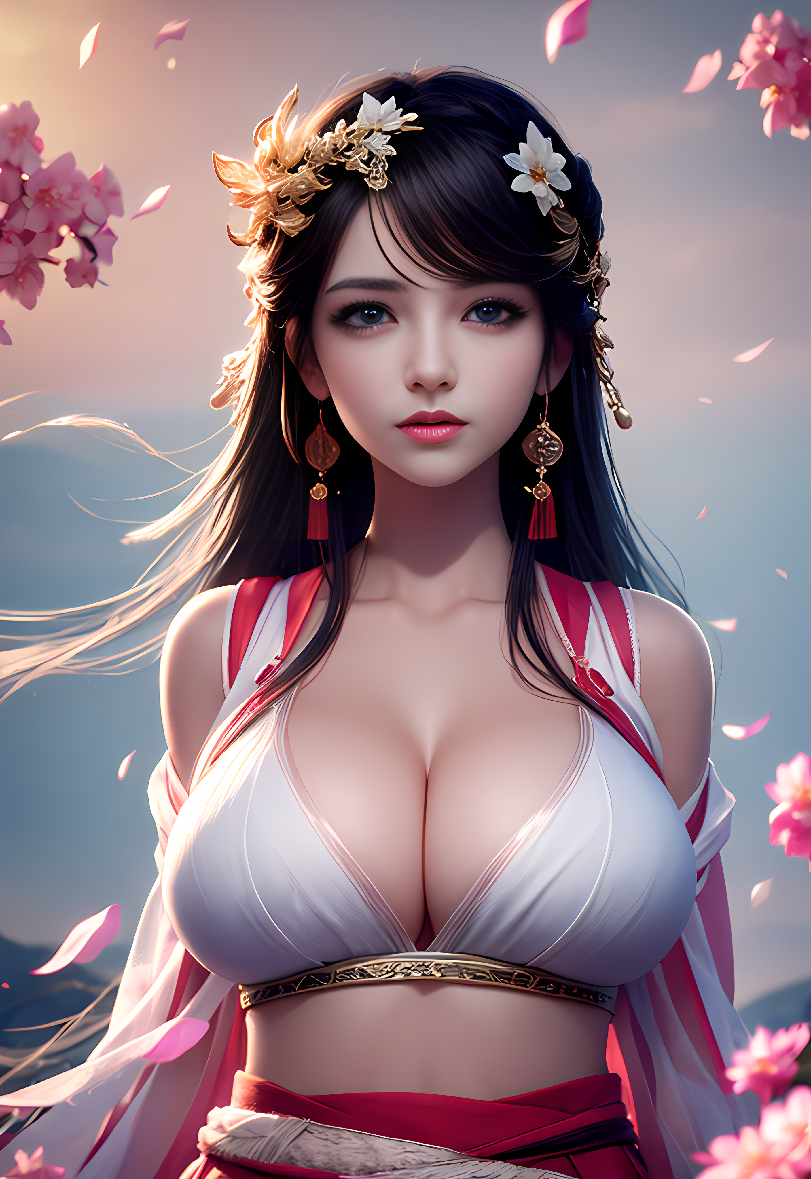 Women Asian Fantasy Girl Artwork Ai Art Stable Diffusion Digital Art Pastania Flower In Hair Cherry  2816x4096