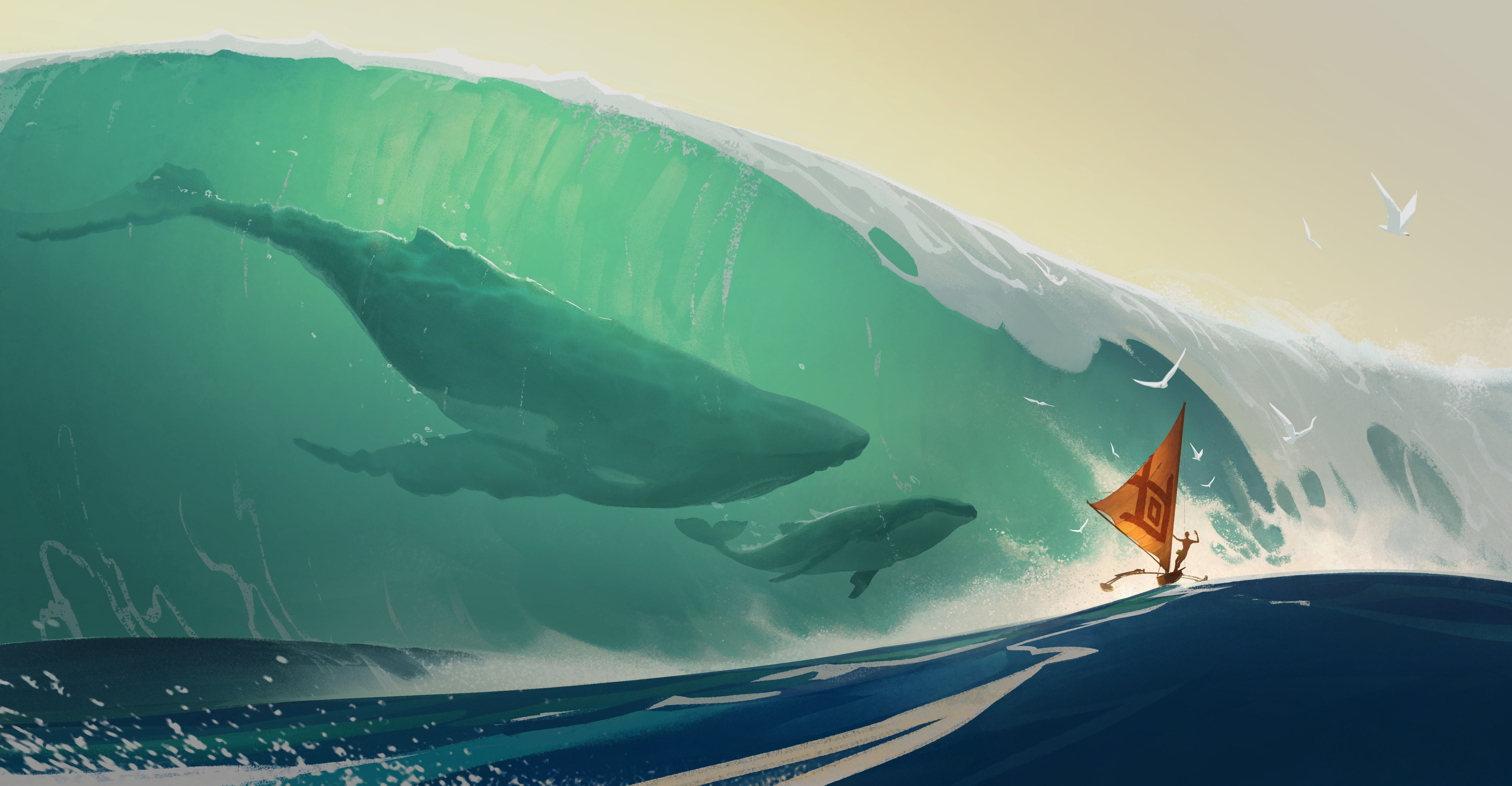 Tuomas Korpi Digital Art Whale Waves Sailing Ship Birds Surf Green Water 3840x1998