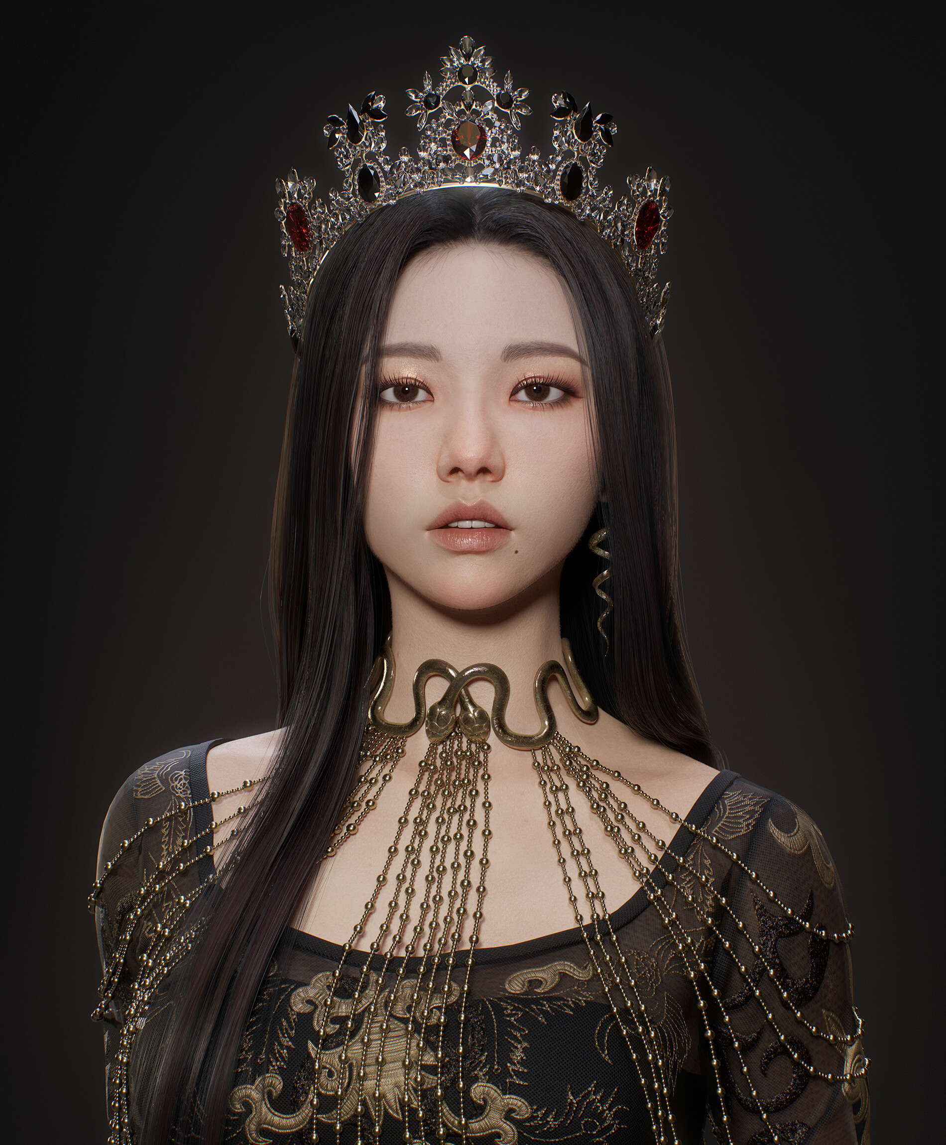 Soyeon Jeong CGi Women Brunette Crown Dress Black Clothing Simple Background Glamour Portrait Aespa  1900x2300