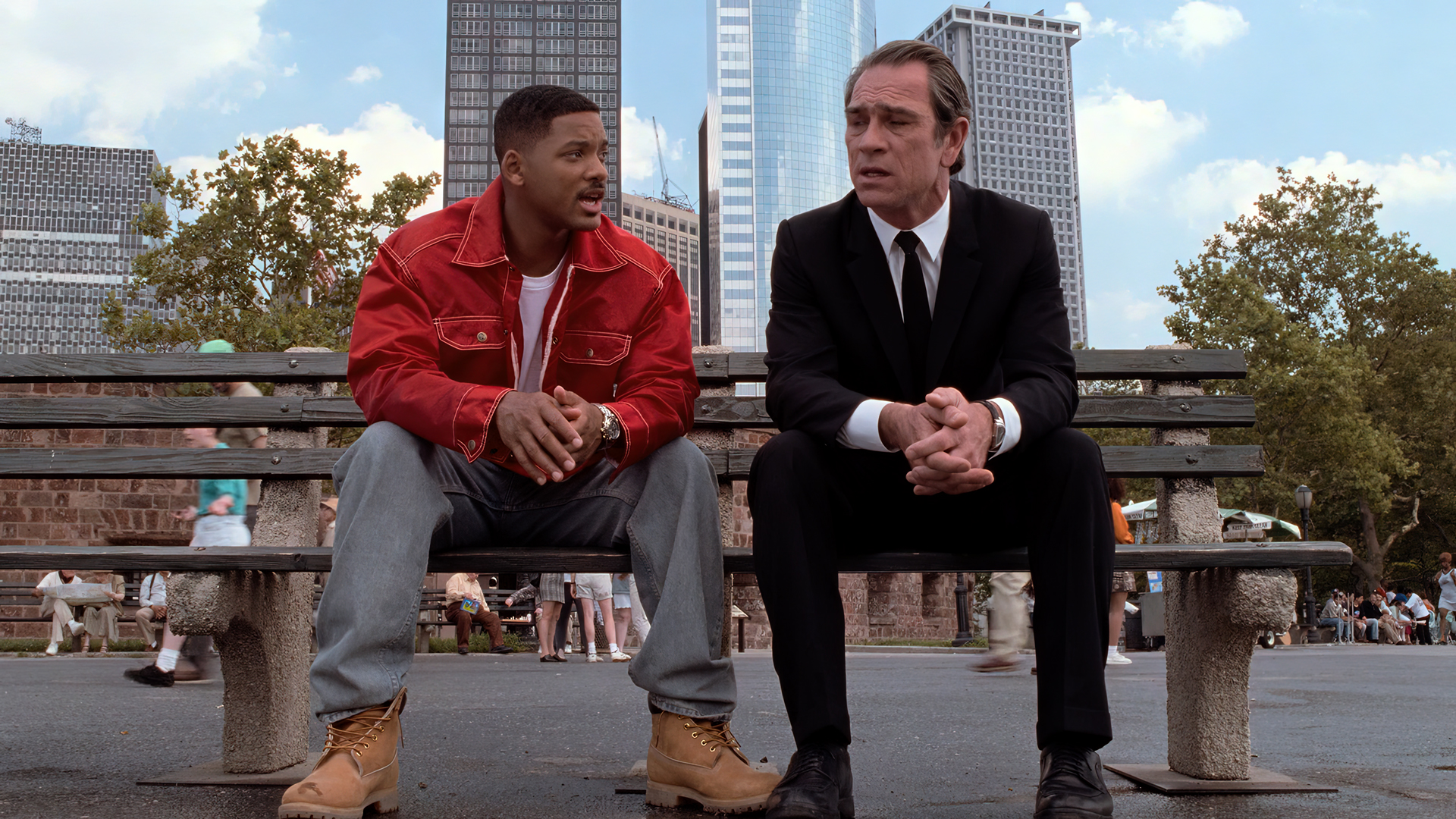 Men In Black Movies Film Stills Agent J Agent K Will Smith Tommy Lee Jones Actor Bench Skyscraper Tr 1920x1080