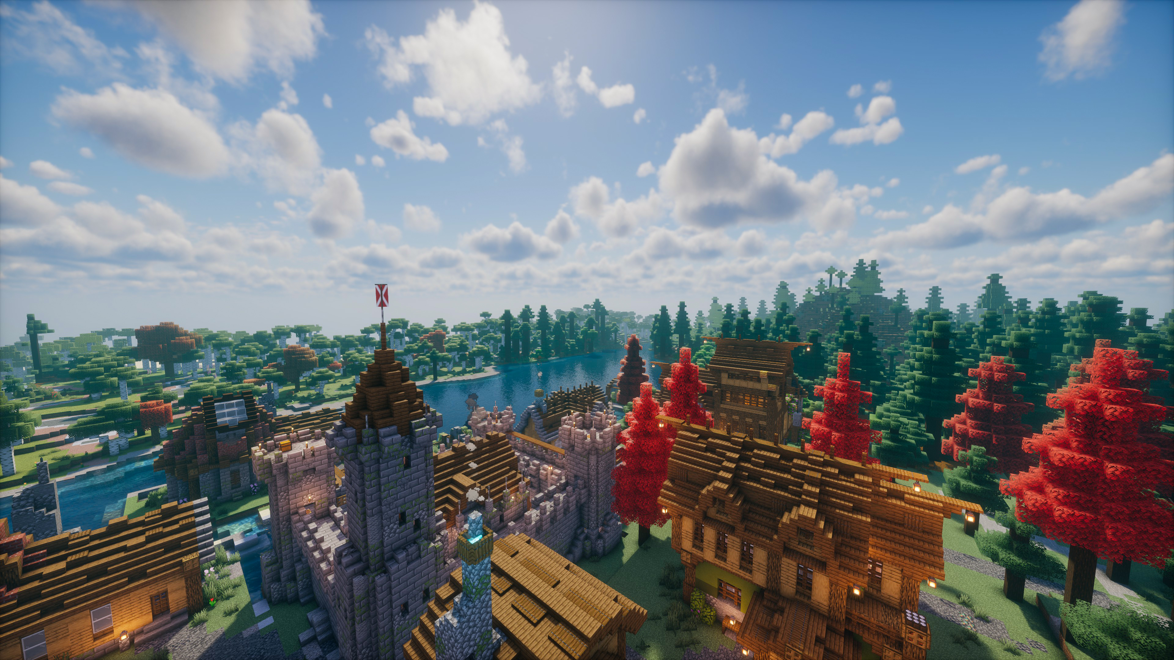 Minecraft Village Clouds River Forest Video Games CGi Sky Building Trees Water Sunlight Flag Landsca 3840x2160