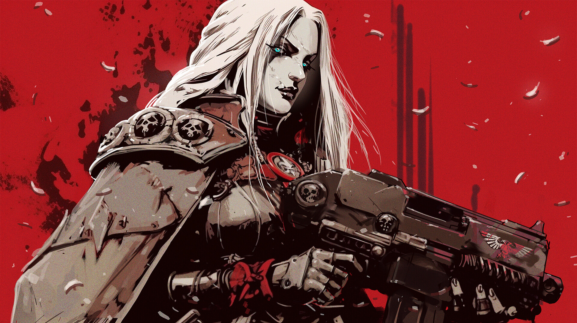 Digital Art Artwork Illustration Women Red Soldier Blonde Warhammer 40 000 Women With Weapons Weapon 1920x1076