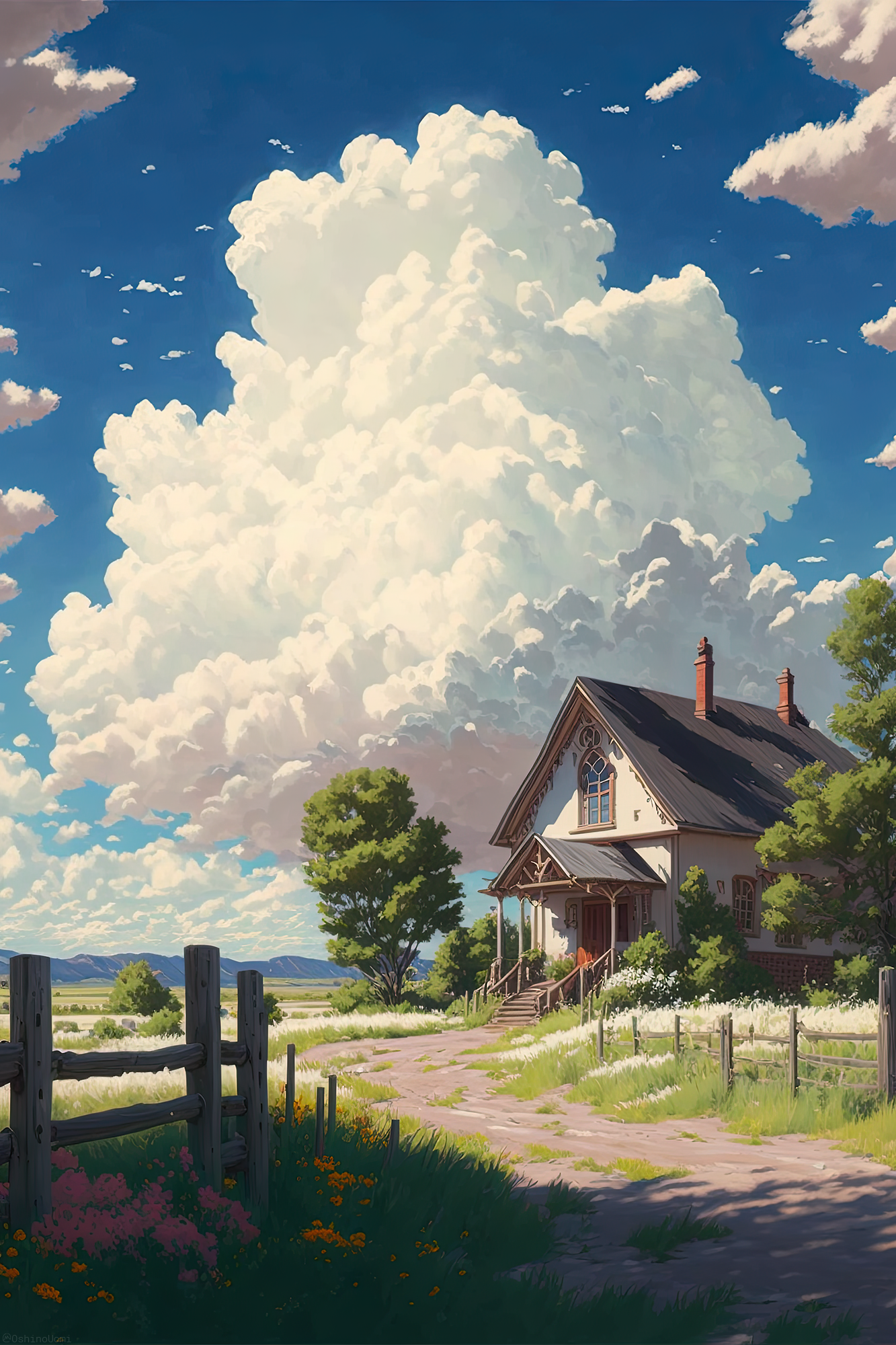 Uomi Ai Art Illustration Vertical House Sky Clouds Trees 1333x2000