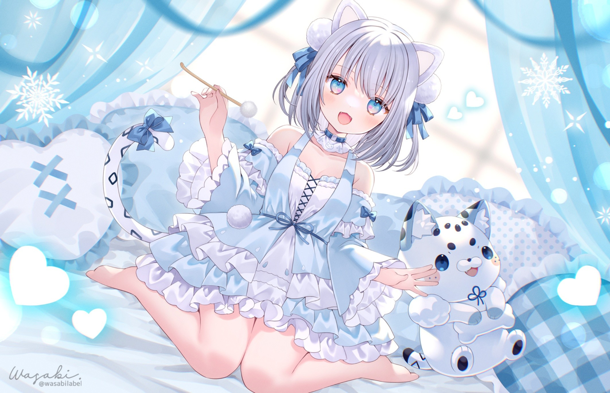 Anime Anime Girls Looking At Viewer Cat Girl Cat Ears Cat Tail Snowflakes Short Hair Open Mouth Tedd 2126x1371