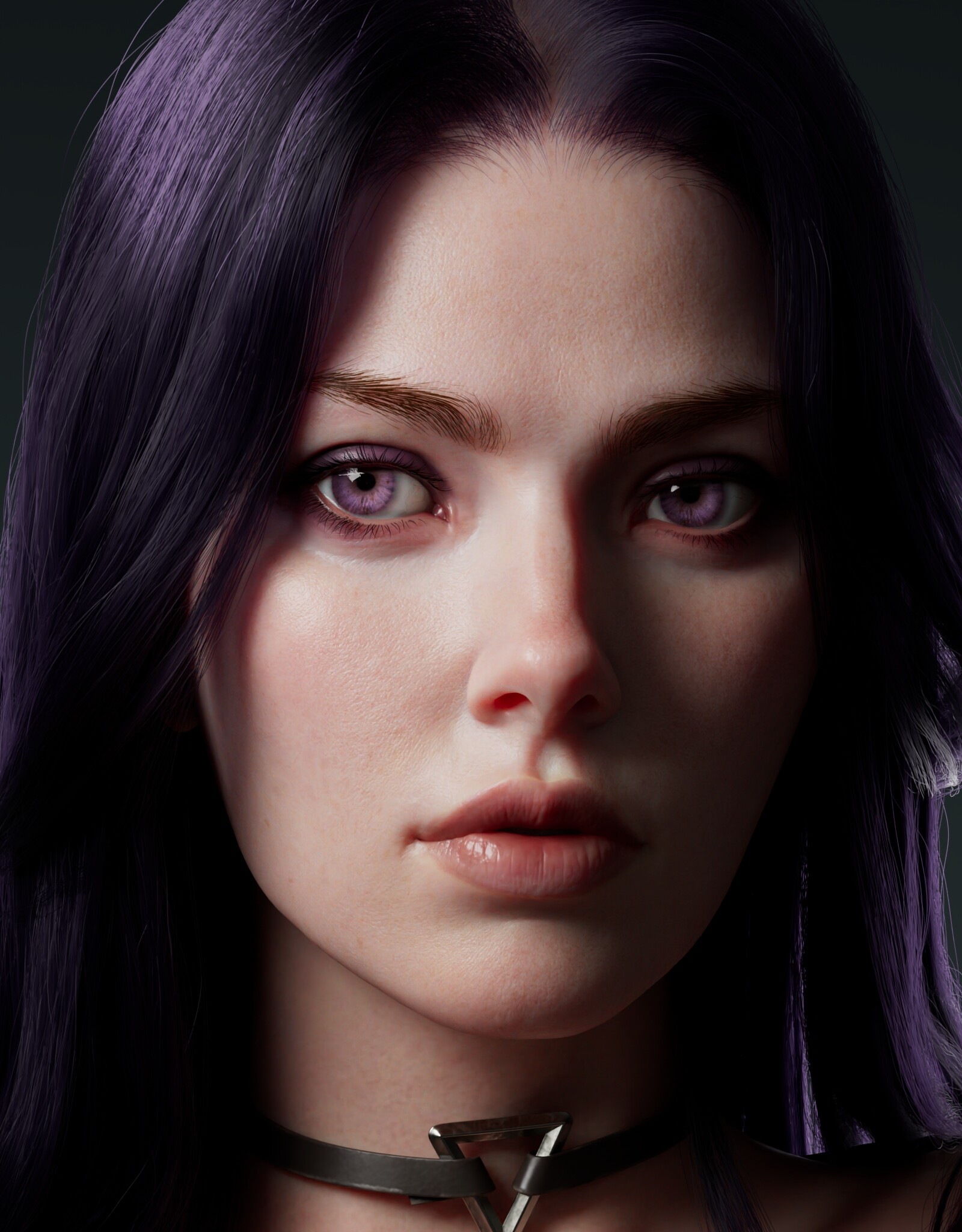 Chen Wang Face Portrait Women Closeup Digital Art Artwork Looking At Viewer Purple Hair Purple Eyes  1600x2048