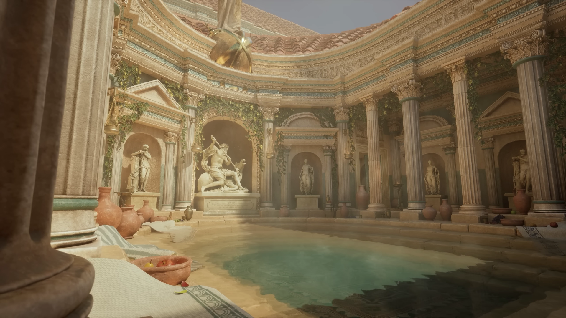 Italy Rome Roman Baths CGi Water Sunlight Architecture Statue 1920x1080