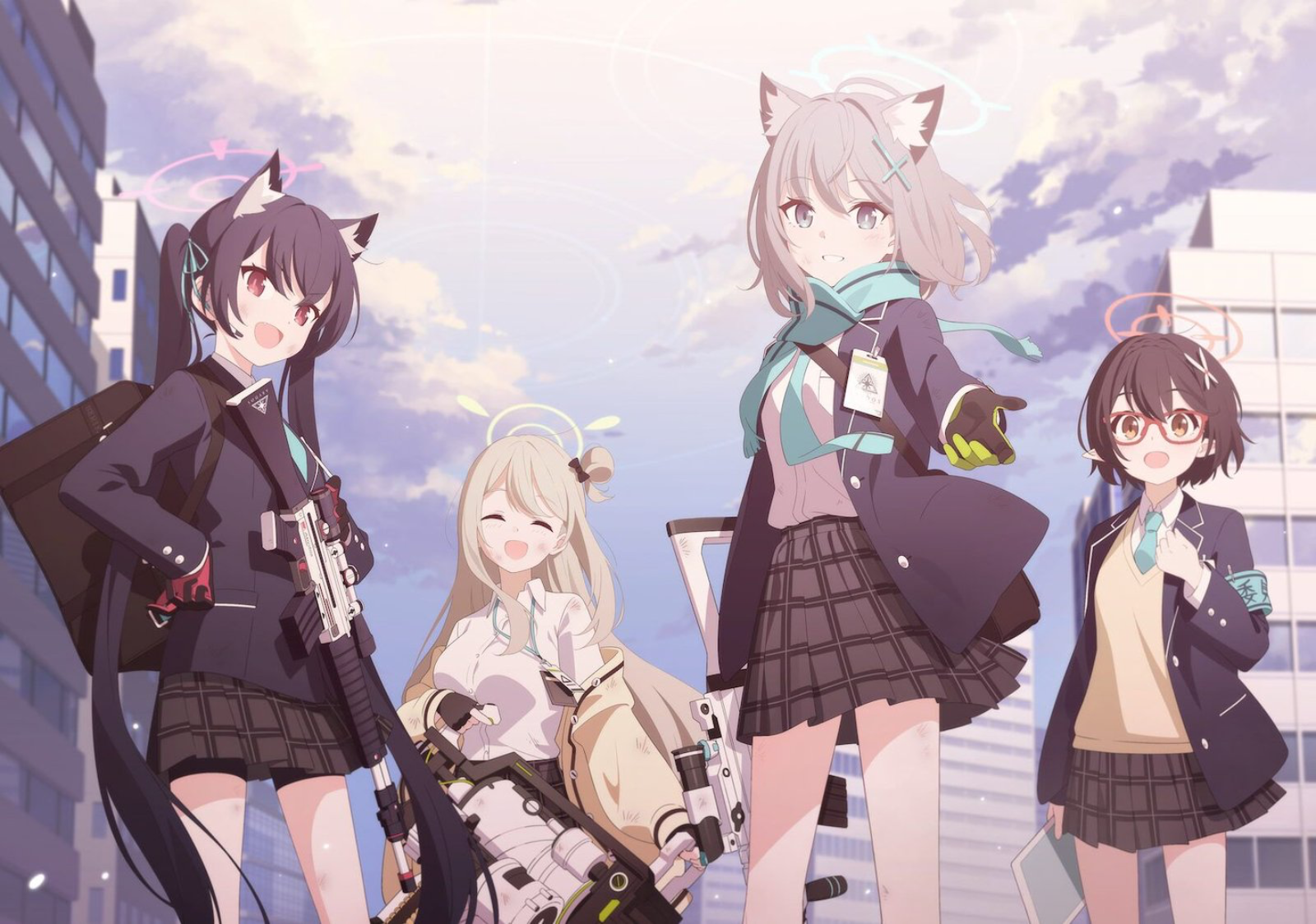 Anime Anime Girls Fox Girl Fox Ears Schoolgirl School Uniform Gun Glasses Scarf Blue Archive Clouds  1600x1124