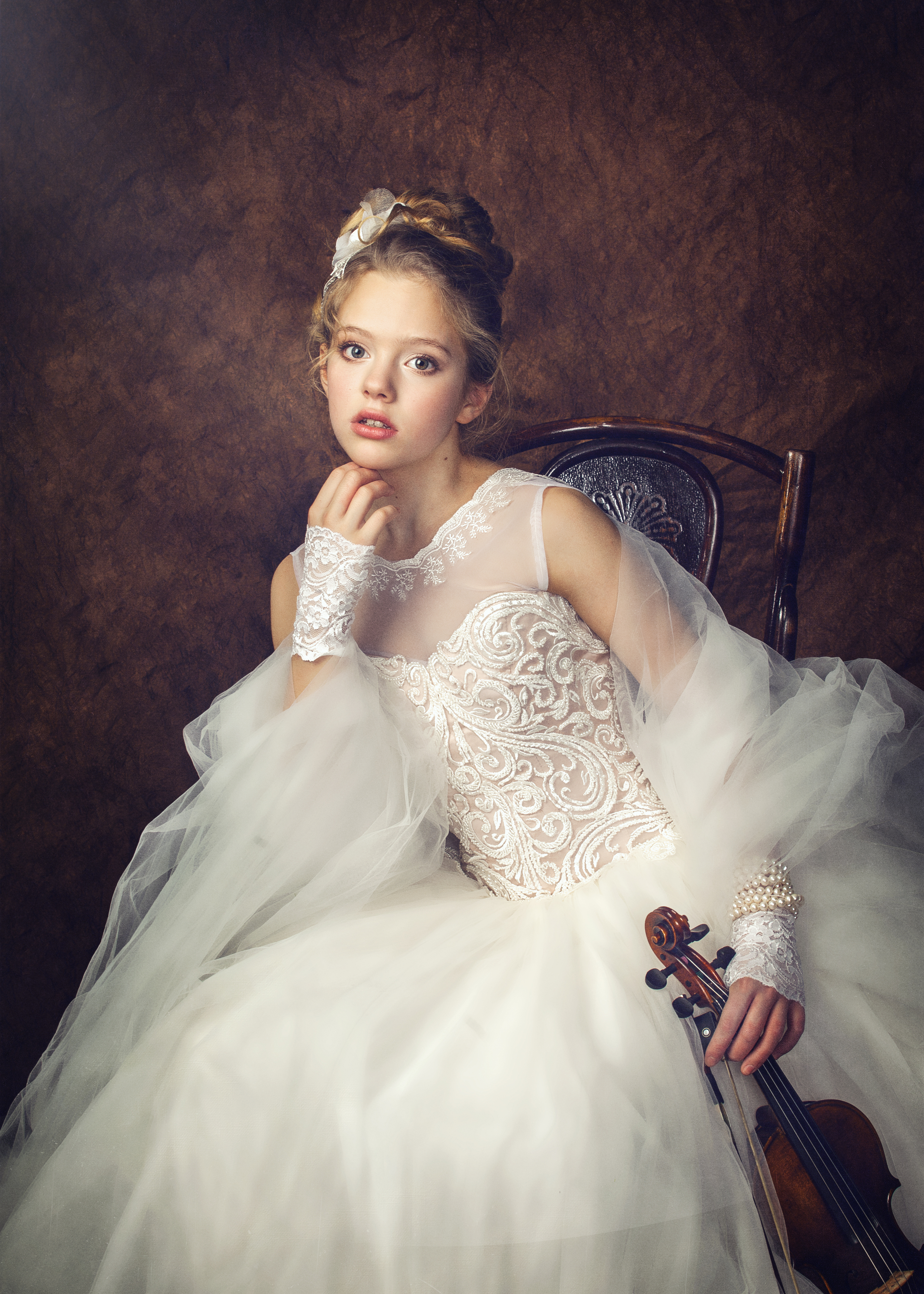 Maksim Antoniuk Women Brunette Looking At Viewer Dress White Clothing Violin Chair 2499x3500
