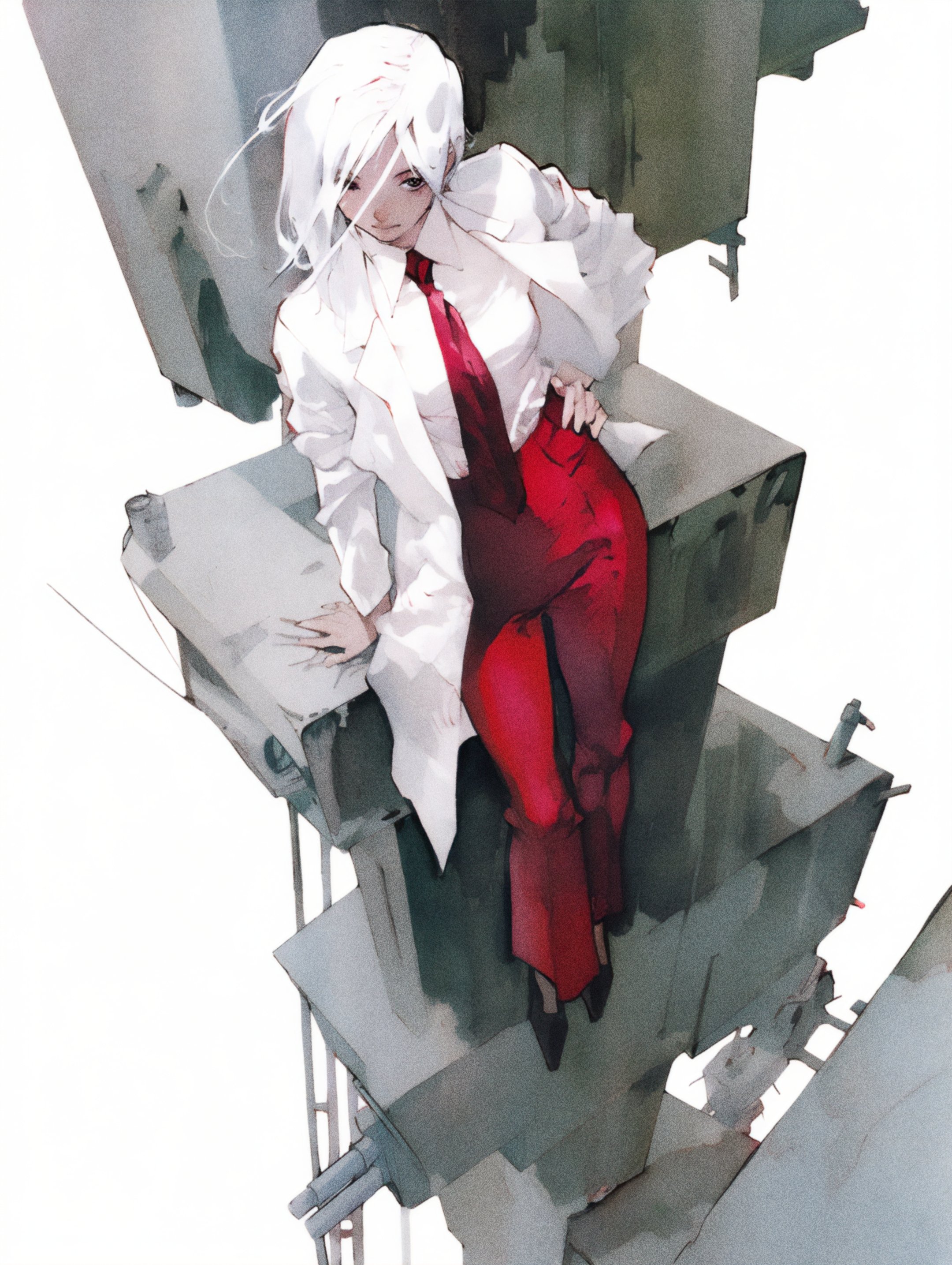 Axynchro Retro Style Anime Girls Portrait Display White Hair Sitting Tie Hands On Hips Jacket White  2160x2868