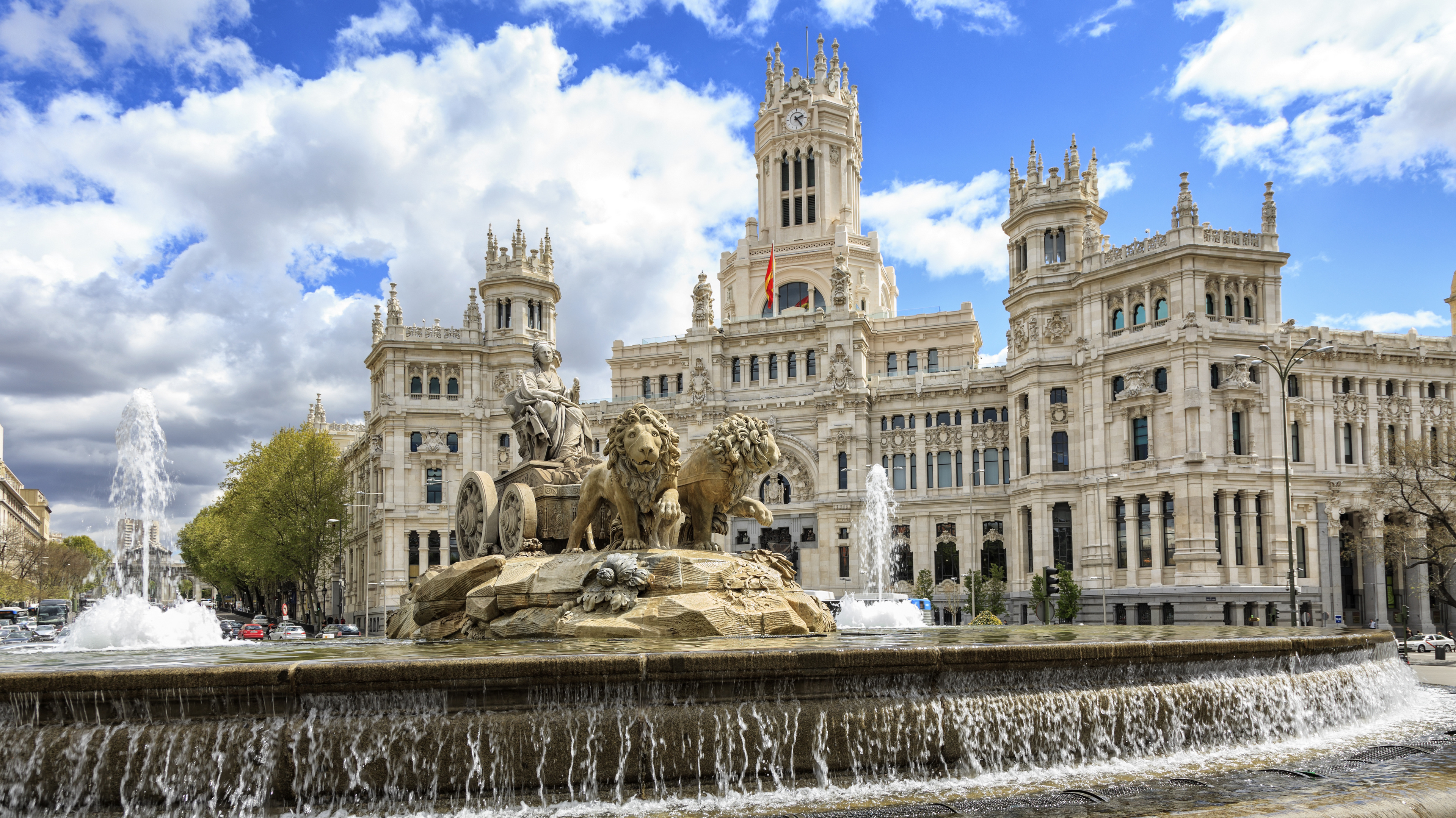 Spain Madrid City Building Fountain Statue Water Sky Clouds Palace Architecture Lion 3840x2160