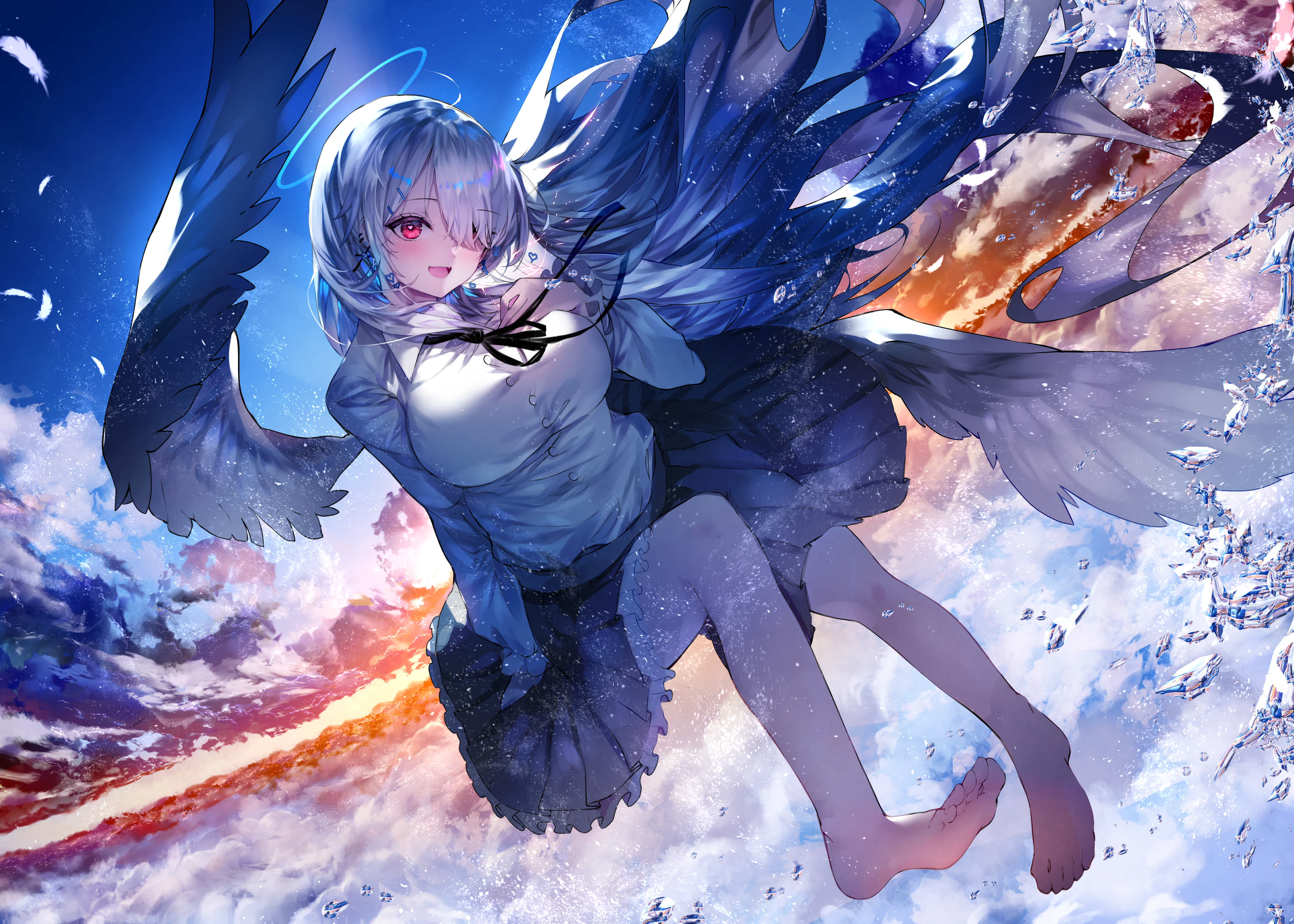 Angel Girl Red Eyes Anime Girls Wings Clouds Feathers Hair Over One Eye Sky Sunset Glow 4900x3500