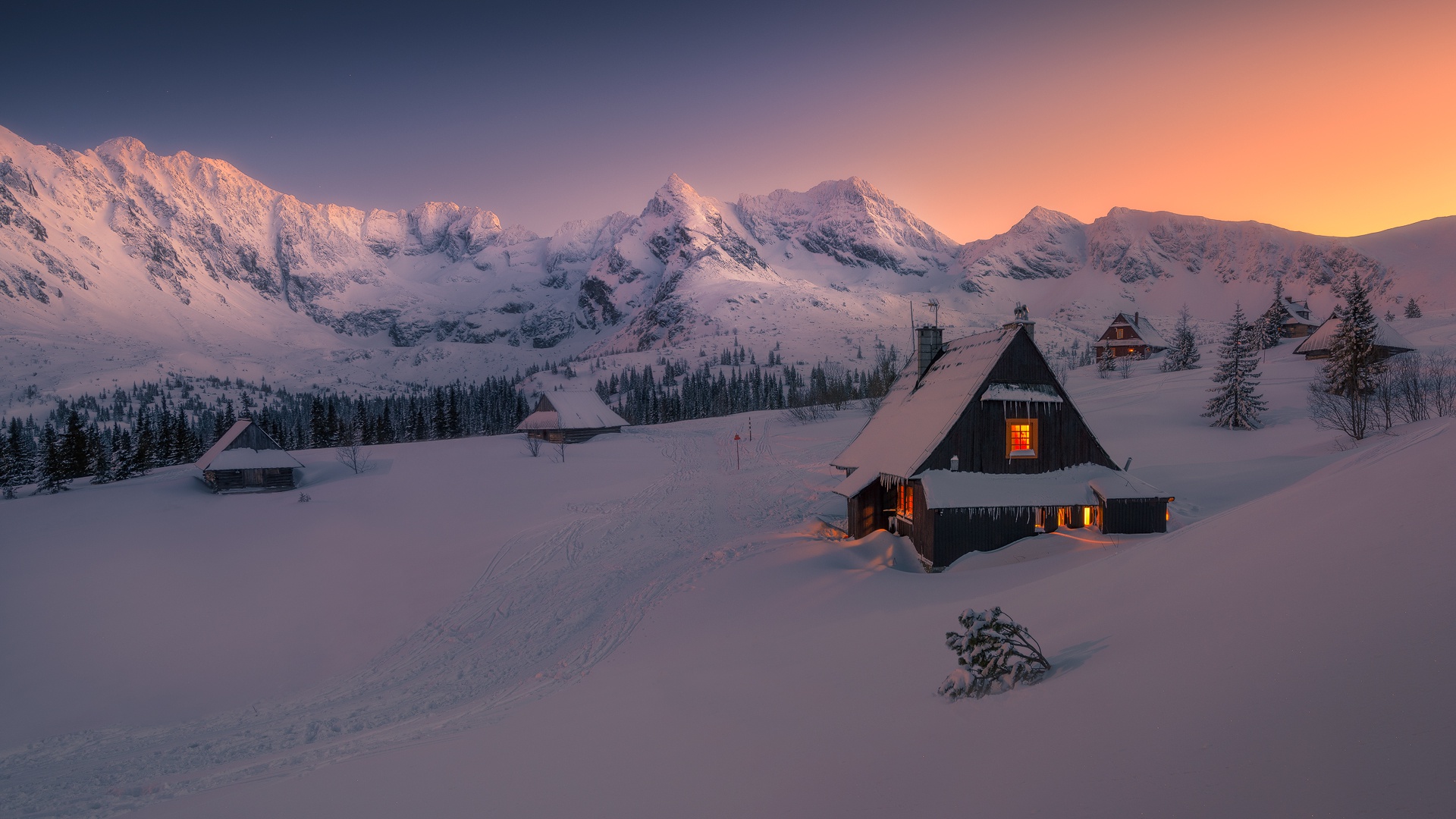 Snow Mountain Nature Evening House 1920x1080