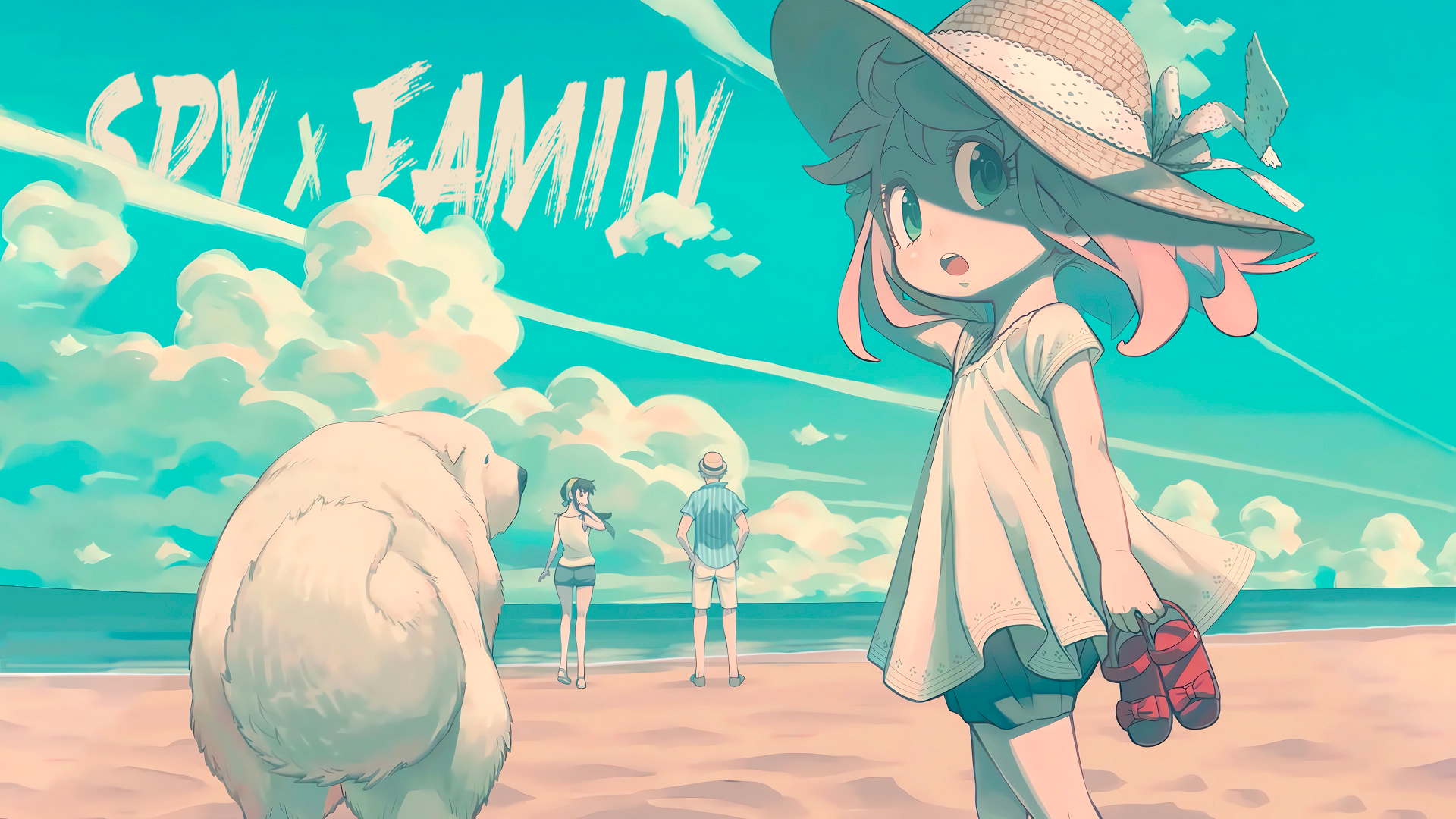 Spy X Family Anya Forger Yor Forger Loid Forger Bond Forger Clouds Beach Anime Girls Anime Boys Sand 1920x1080