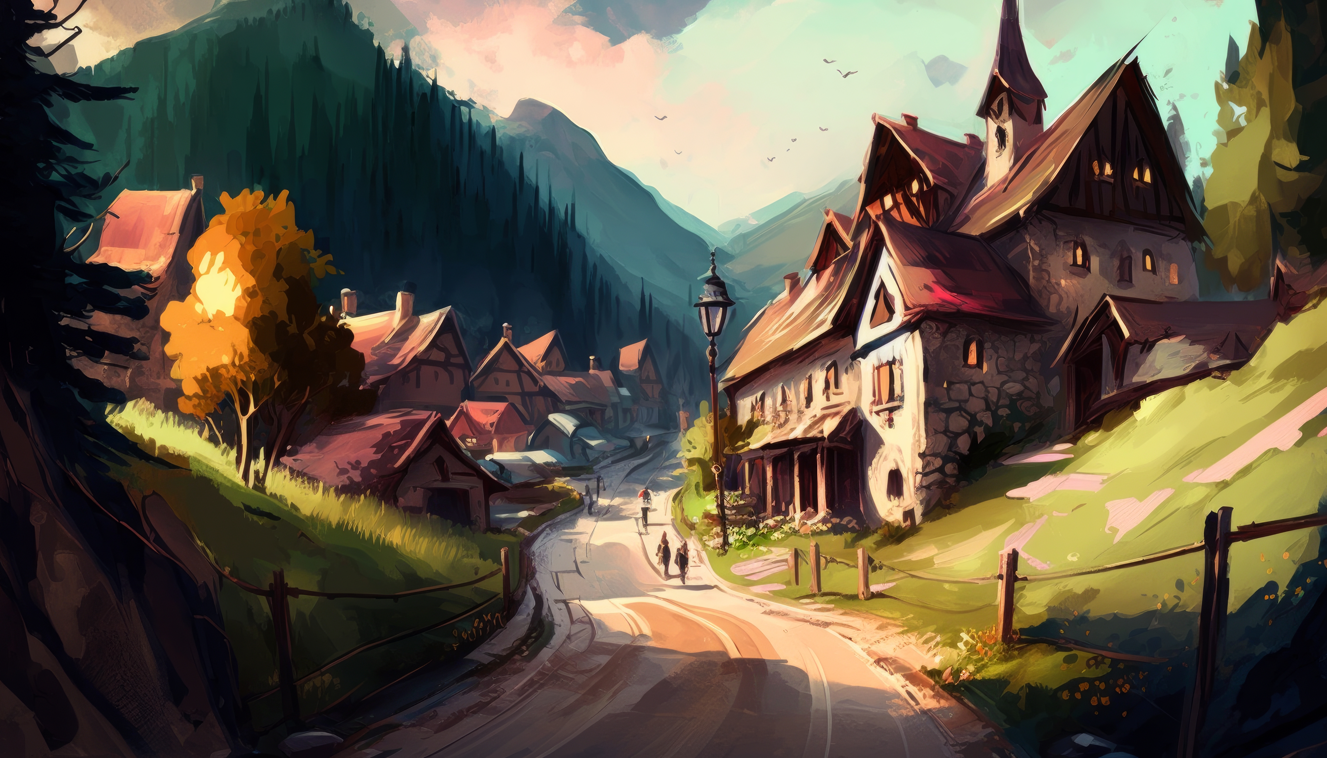 Ai Art Illustration Mountains Painting Village Path House 4579x2616