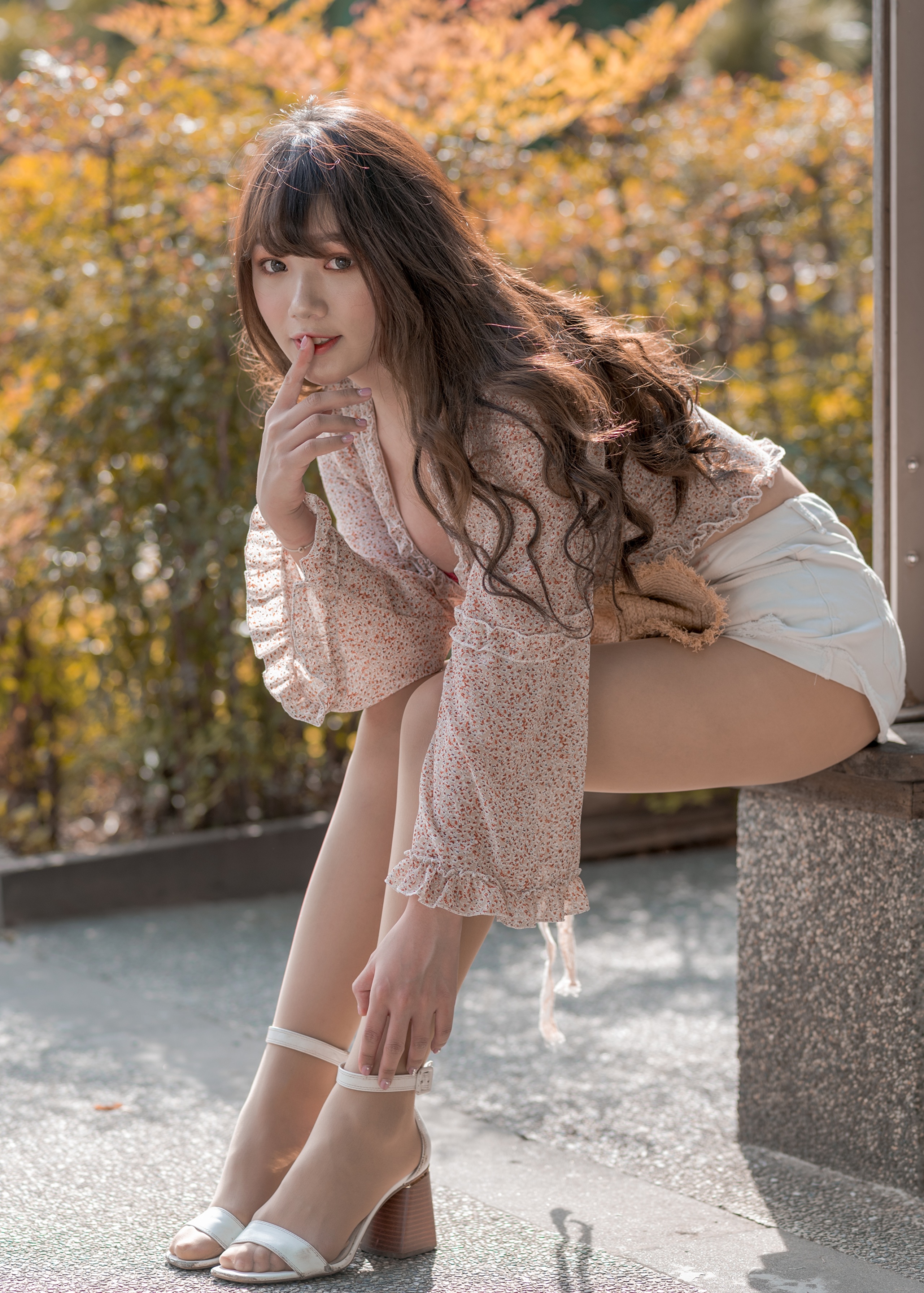Asian Model Women Long Hair Dark Hair Sitting Sandals Nylons White Shoes Bushes Depth Of Field Blous 2560x3581