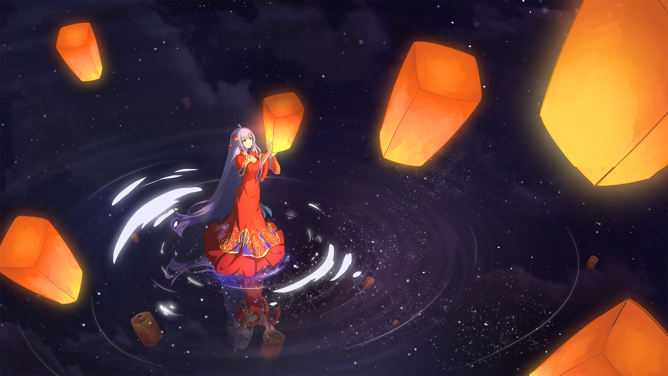 Bilibili Bilibili Douga Digital Art Anime Girls Water Reflection Lantern Dress 2560x1440