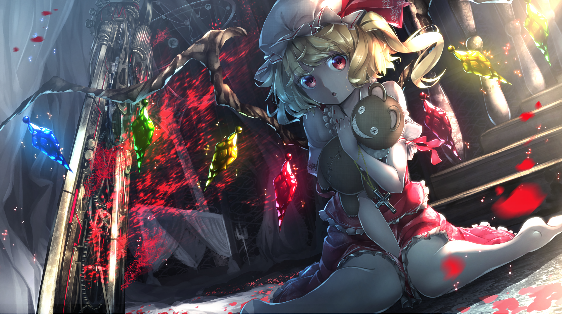 Anime Anime Girls Touhou Petals Hat Blonde Cross Teddy Bears Flandre Scarlet Stairs Red Eyes 1920x1072