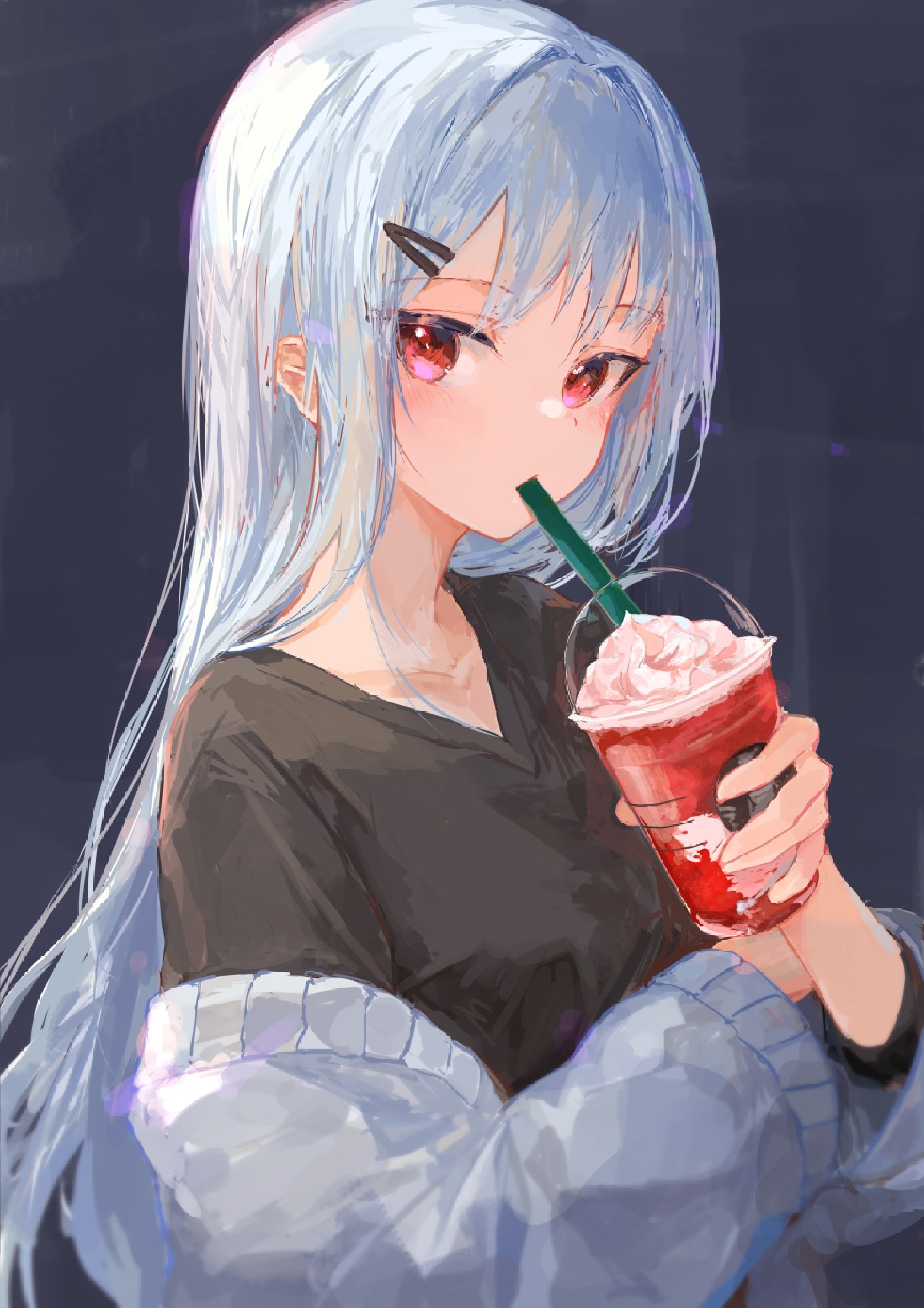 Anime Girls White Hair Portrait Display Drink Looking At Viewer Long Hair Simple Background Minimali 1562x2210