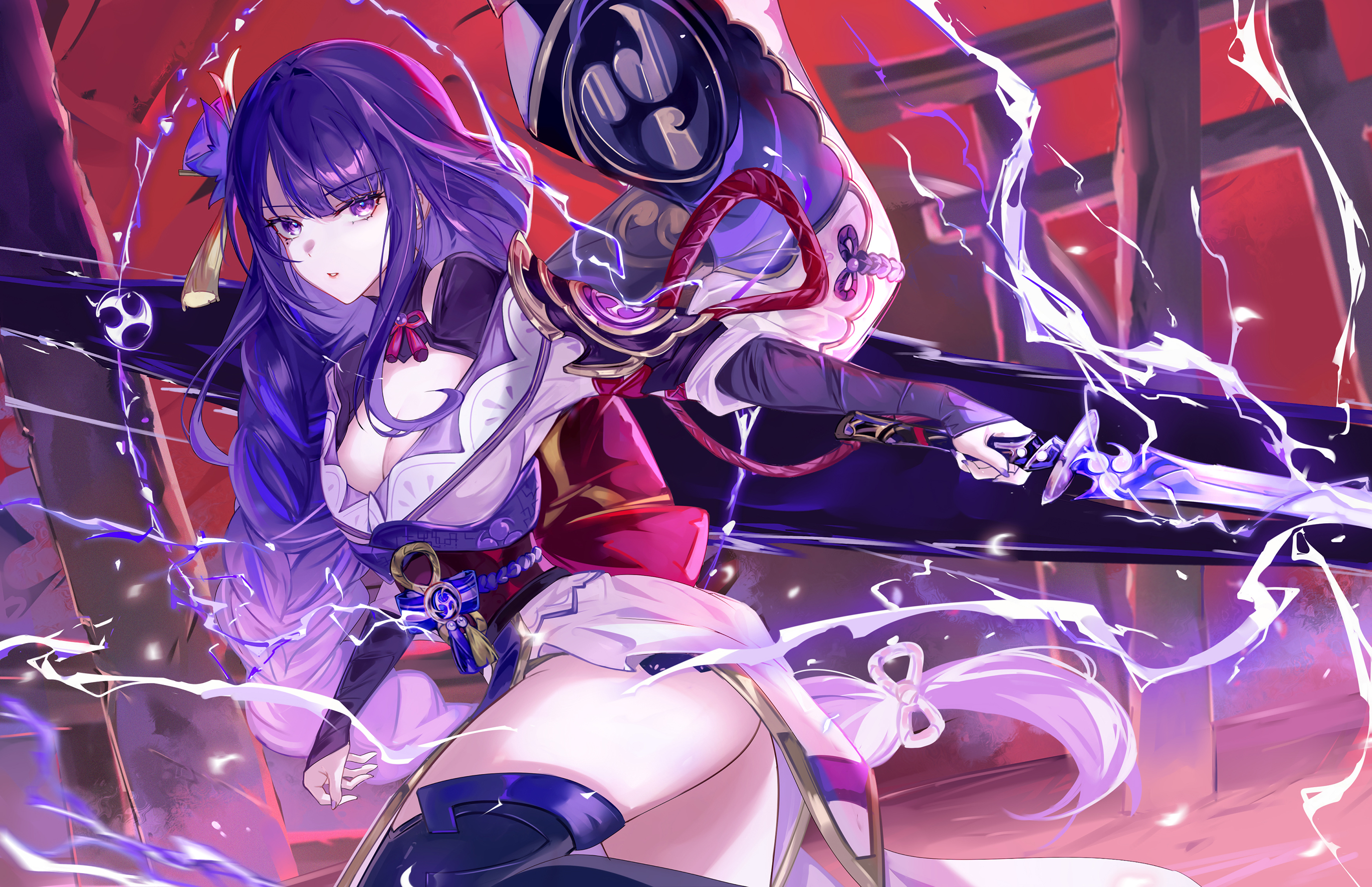 Genshin Impact Anime Girls Anime Sword Raiden Shogun Genshin Impact Purple Hair Purple Eyes 2750x1778