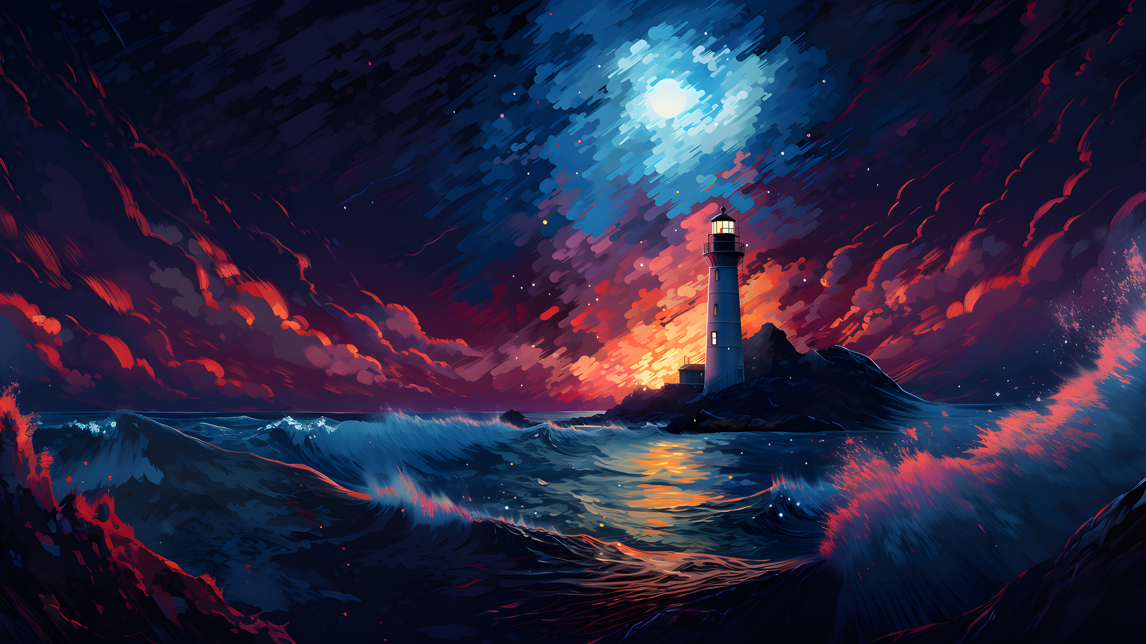 Ocean View Lighthouse Digital Art Water Waves Sky Clouds 3840x2160