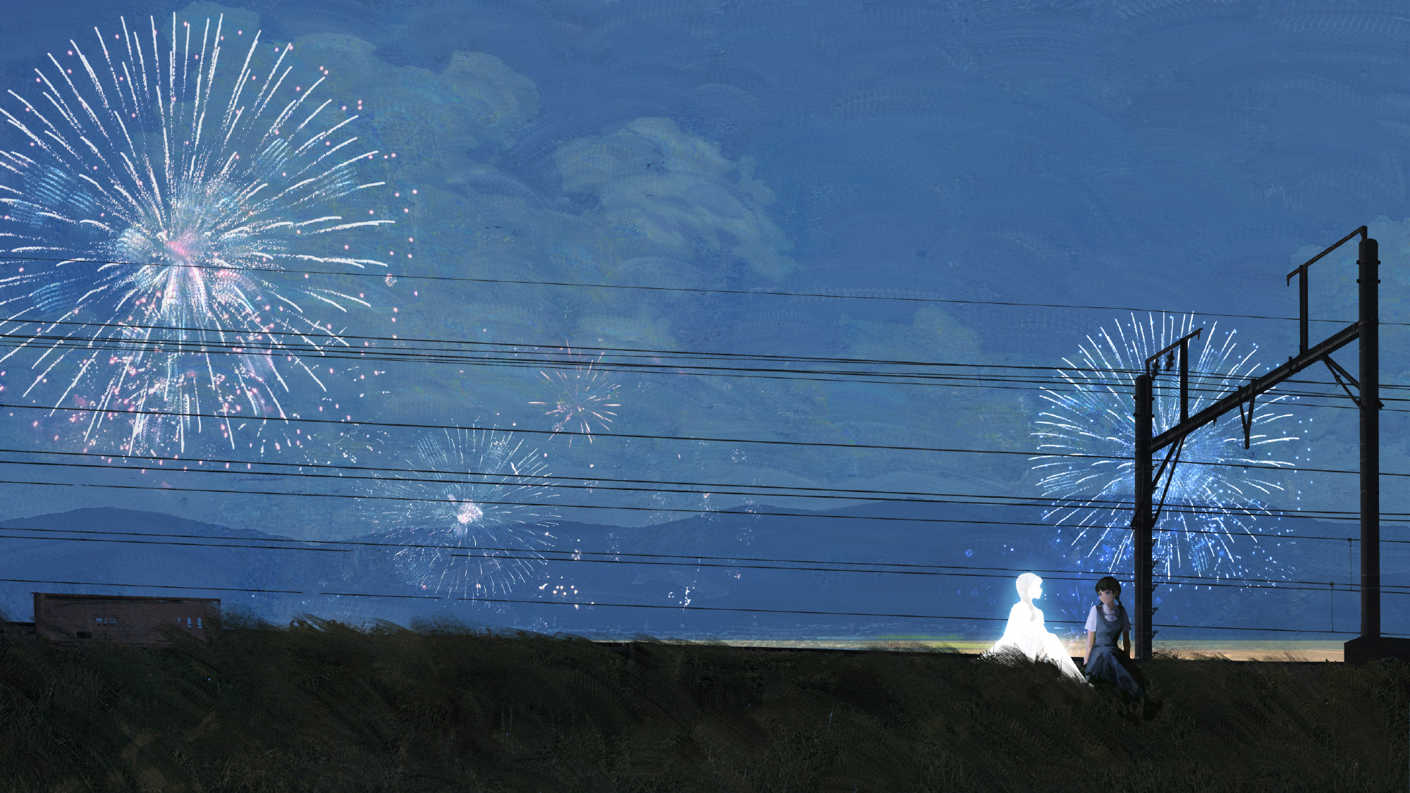 DannyLaiLai Illustration Fireworks Women Women Outdoors Wires Utility Pole Hills Sky 2000x1125