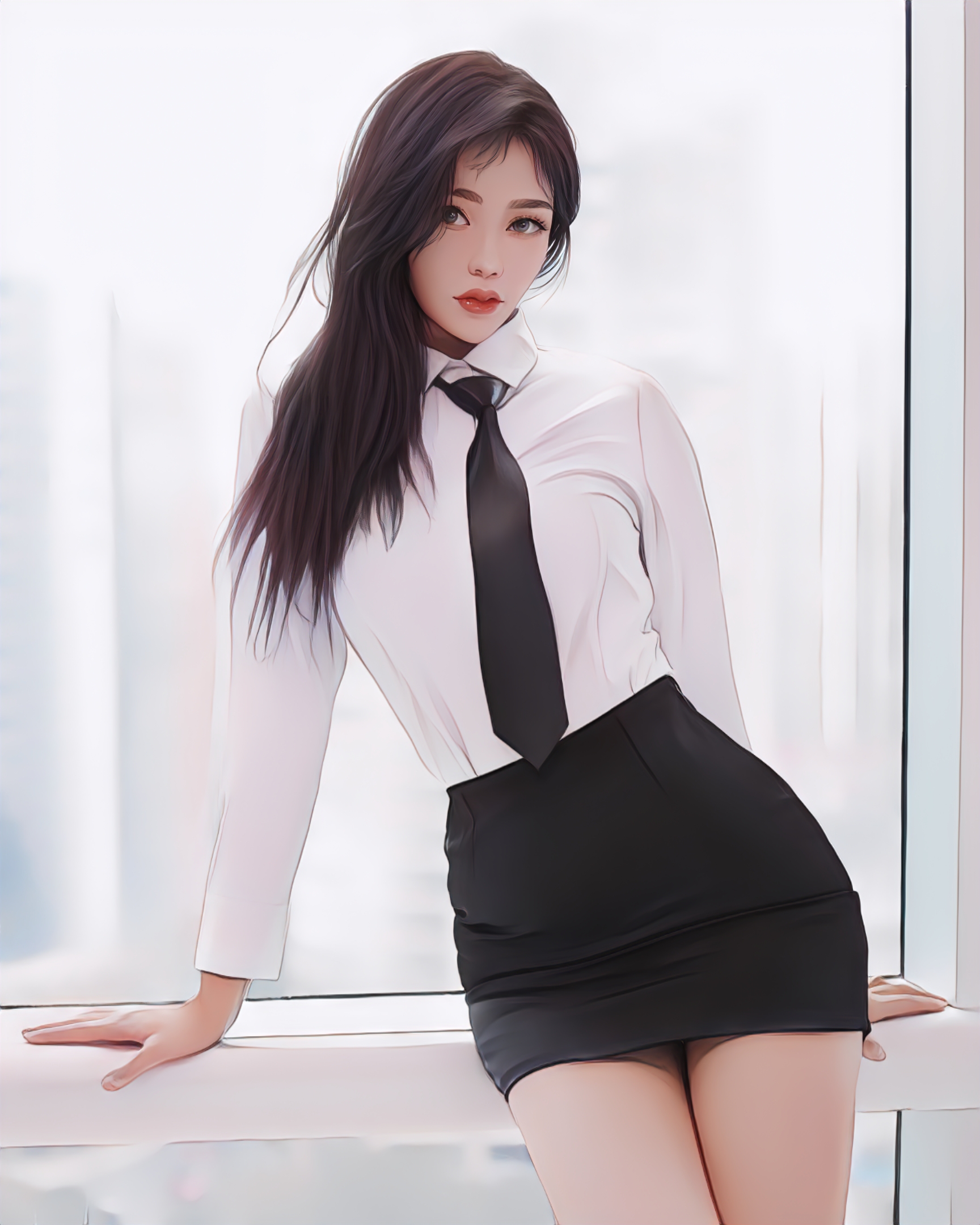 Model Asian Skirt Women Office Girl Vertical Tie Looking At Viewer 1728x2160
