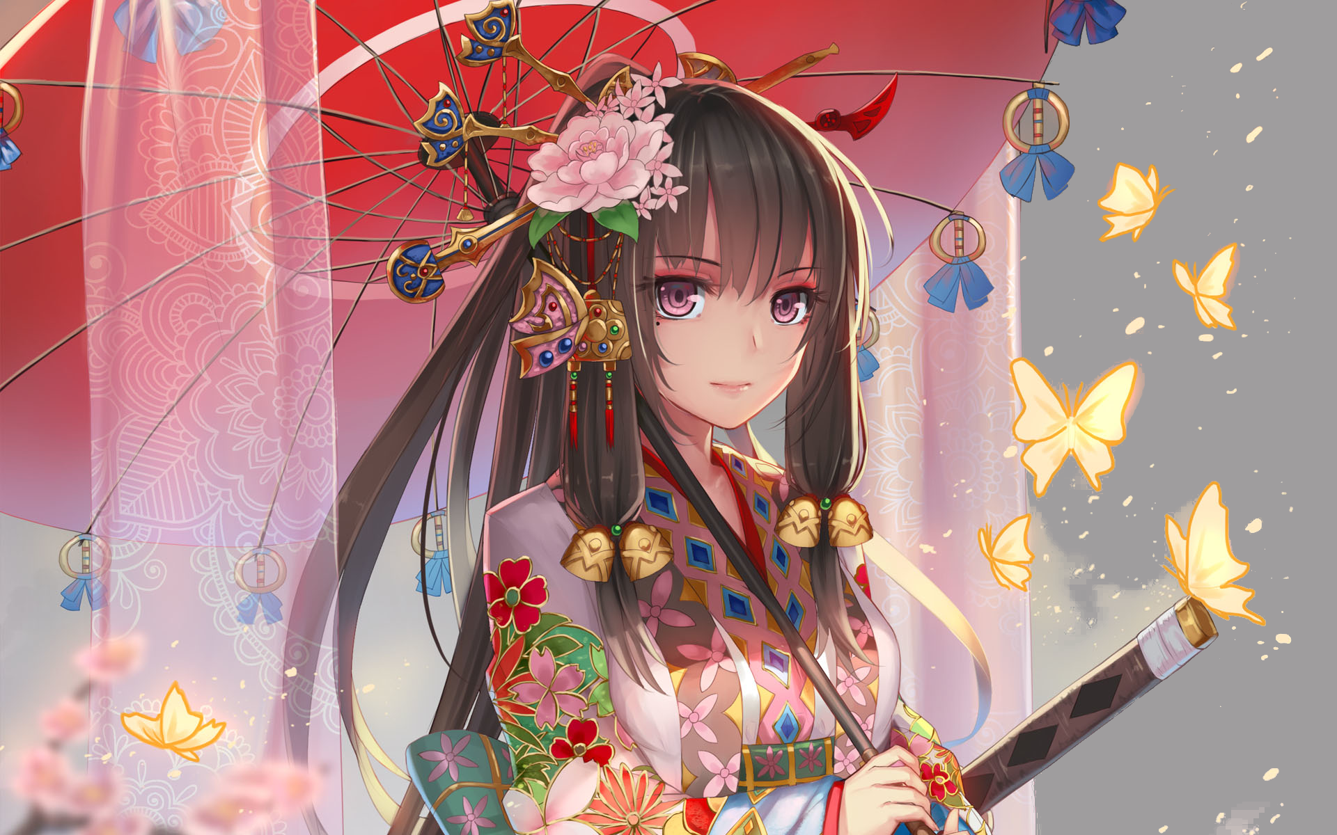 Umbrella Black Hair Flower Sword Kimono 1920x1200