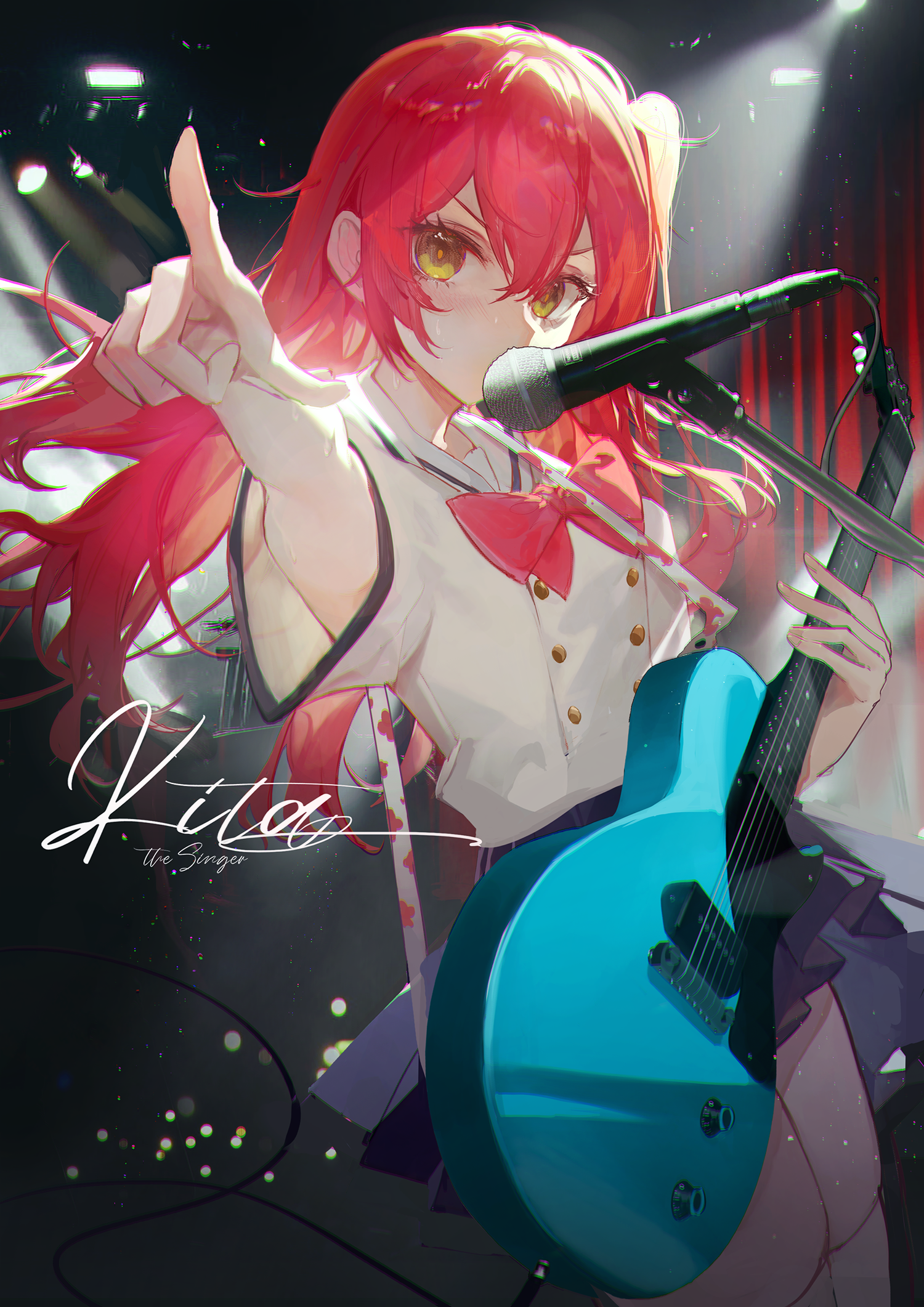 Kita Ikuyo Anime Girls Yellow Eyes Microphone Finger Pointing Guitar Portrait Display Long Hair Musi 1500x2122