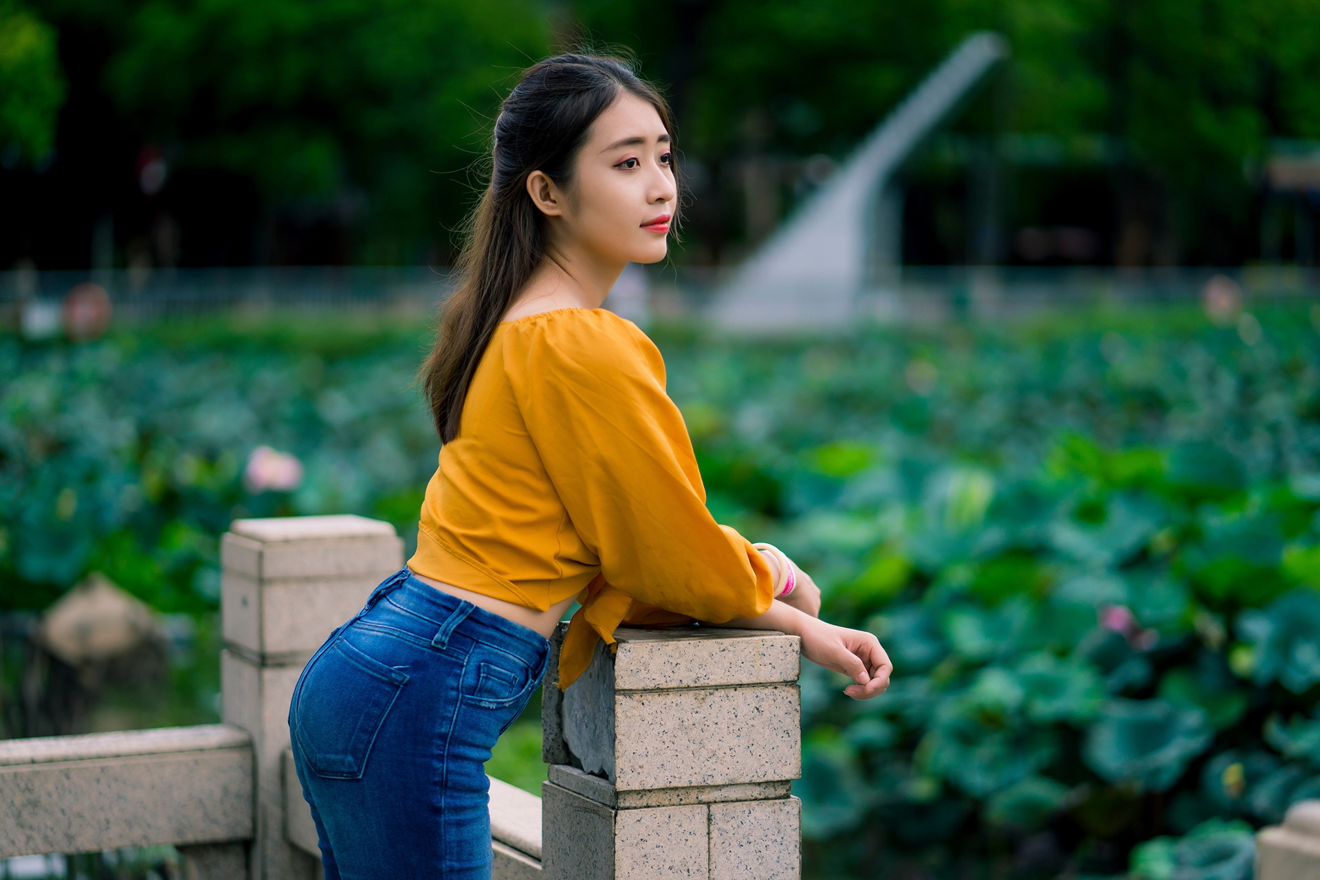 Asian Model Women Long Hair Dark Hair Jeans Blouses 1920x1280