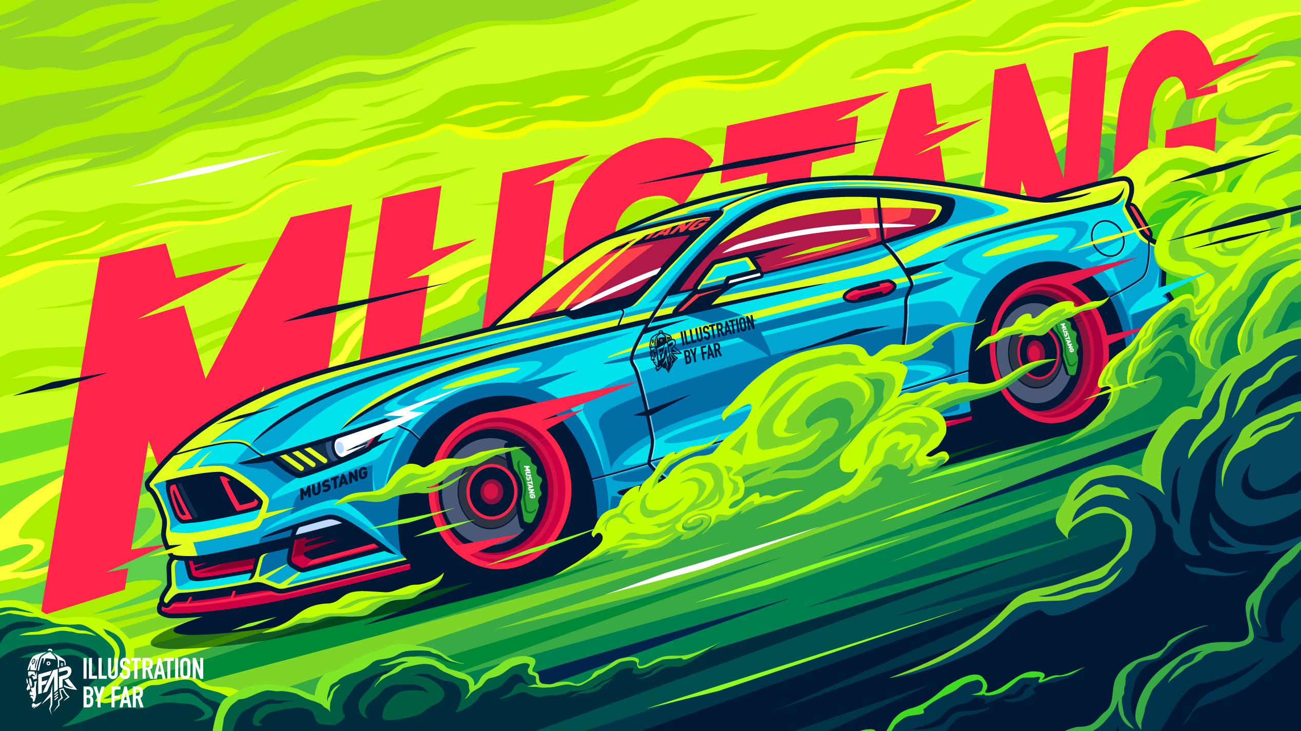 Digital Art Artwork Illustration Car Vehicle Ford Ford Mustang RTR Smoke Watermarked Muscle Cars Ame 2535x1425