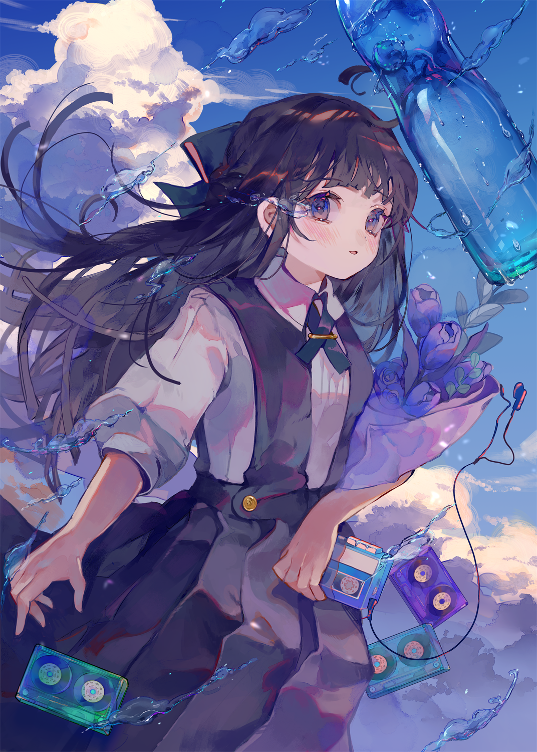 Pixiv Anime Anime Girls Portrait Display Blushing Cassette Sky Clouds Water Uniform Flowers Looking  1072x1500