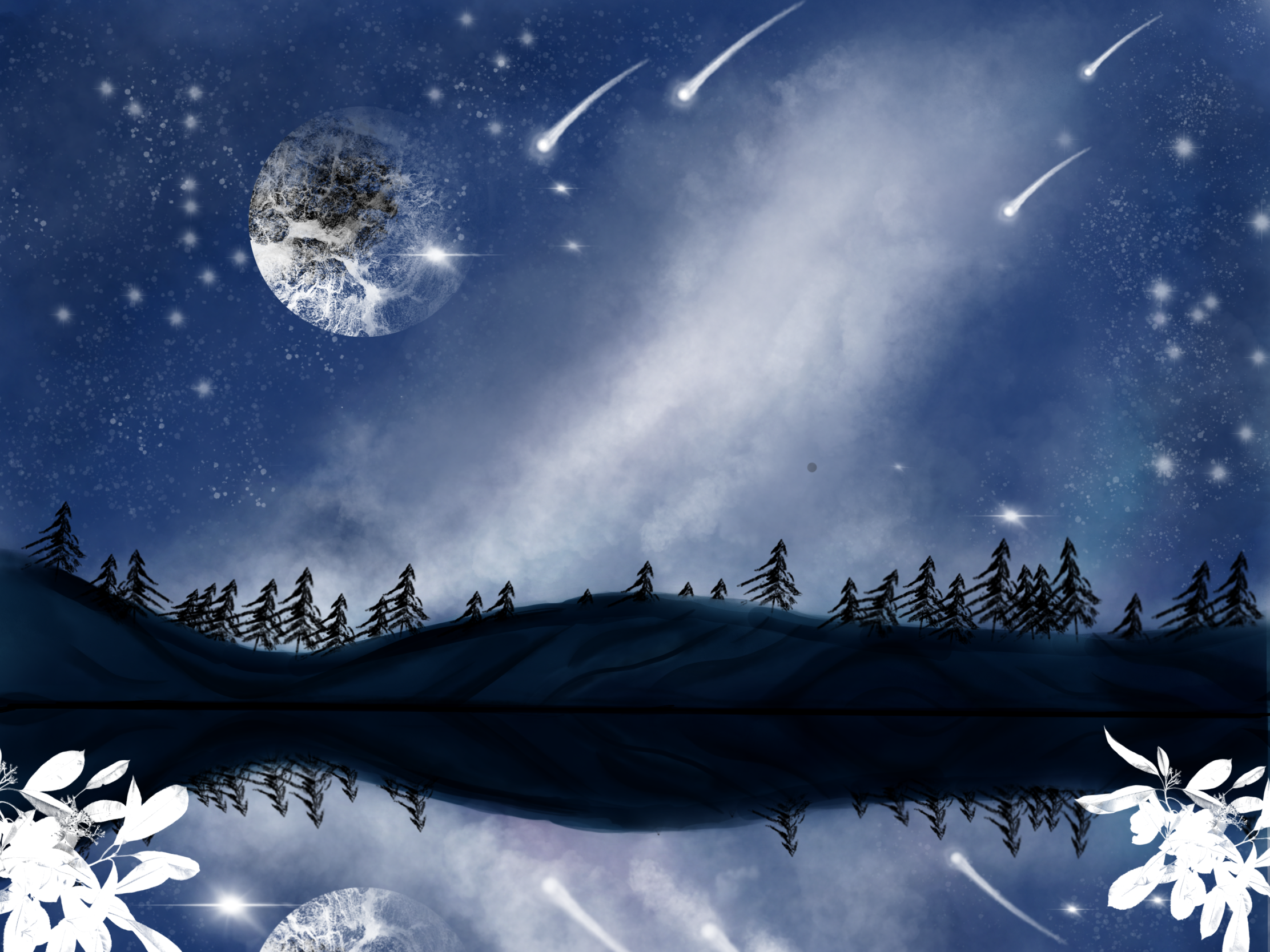 Galaxy Sky Blue Trees Lake Sky Reflection 2224x1668