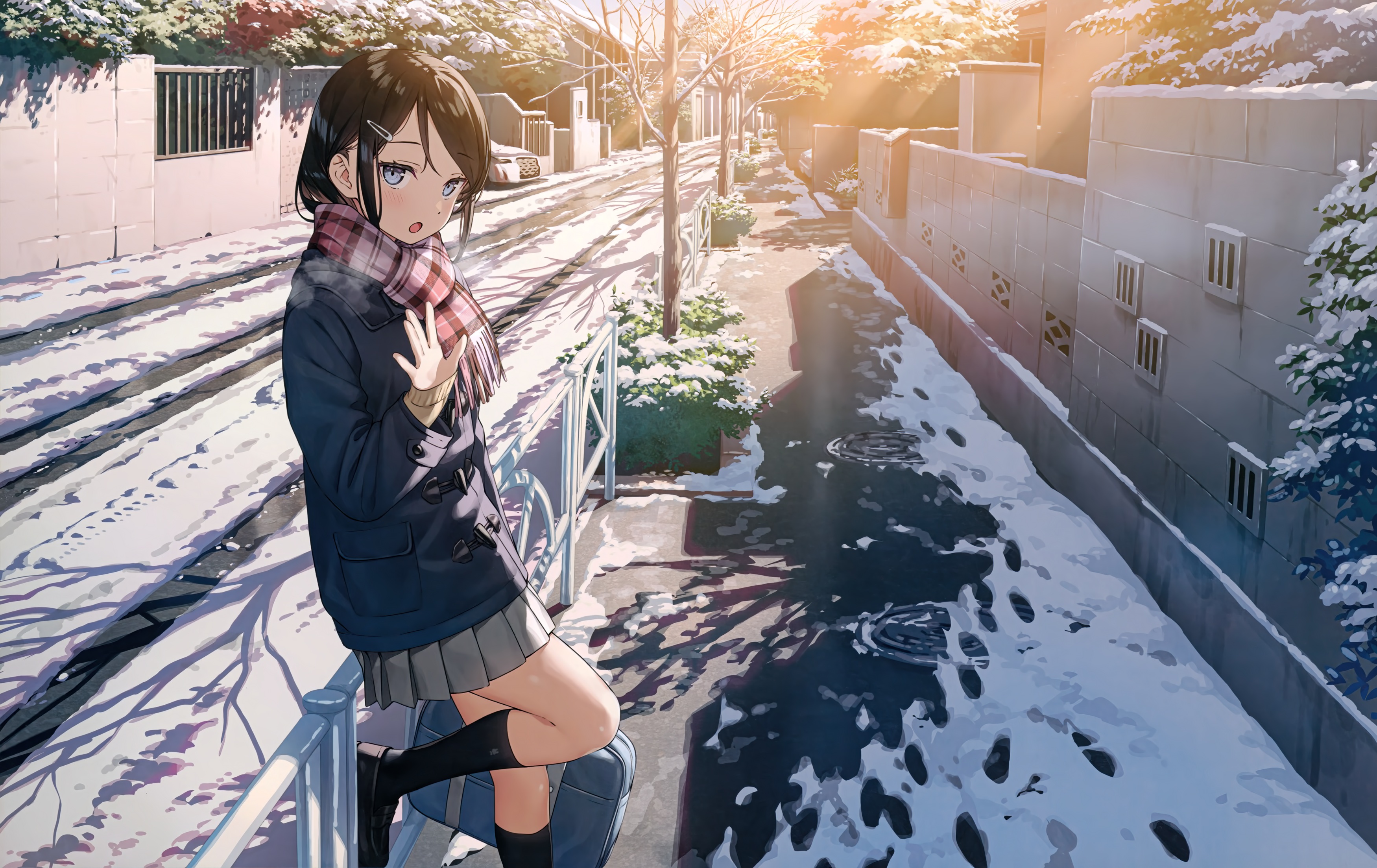 Anime Girls Kantoku Dark Hair Blue Eyes Schoolgirl School Uniform Skirt Coats Socks Scarf Looking At 3500x2206