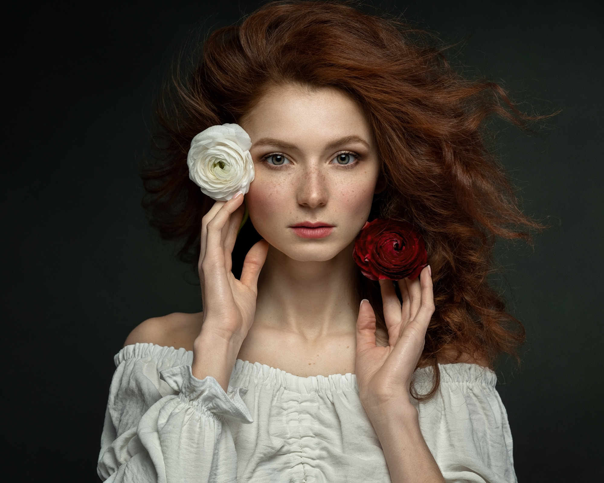 Aleksandr Kurennoi Women Redhead Flowers Freckles Portrait 2000x1600