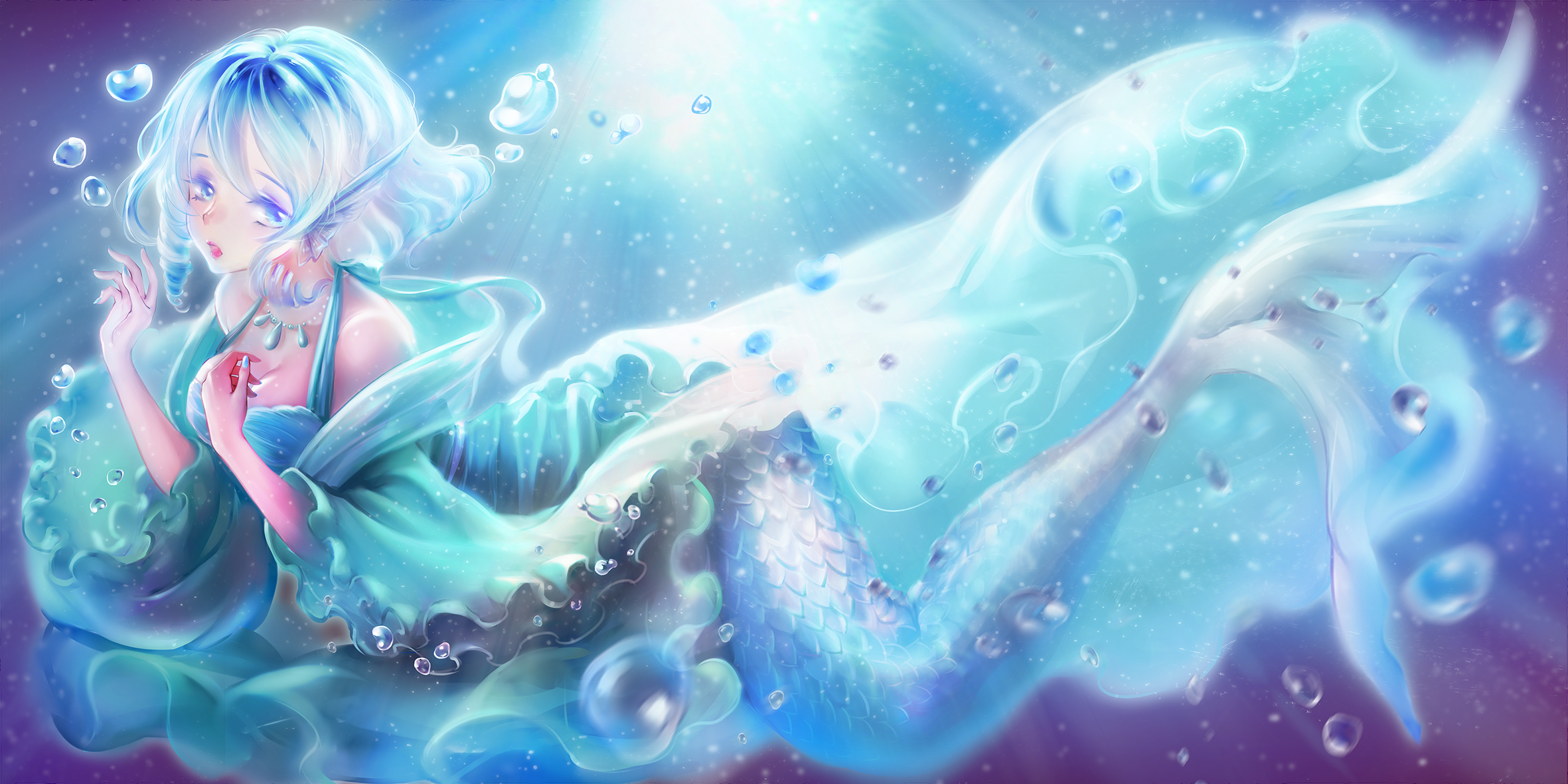 Anime Anime Girls Water Underwater Bubbles Looking At Viewer Short Hair Mermaids Blue Hair Blue Eyes 2362x1181