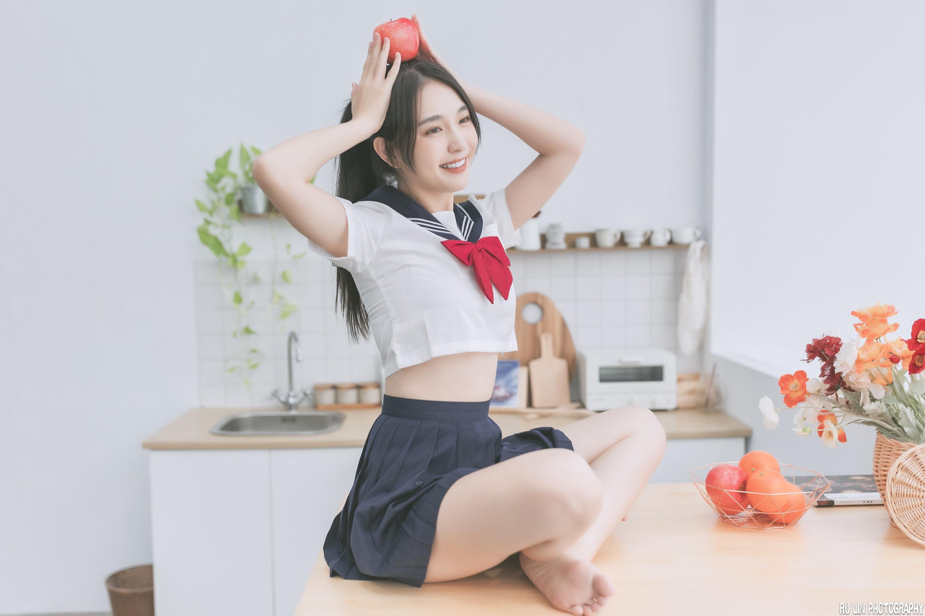 Women Asian Dark Hair Schoolgirl Smiling Apples Fruit Orange Fruit Kitchen Bright 3072x2048