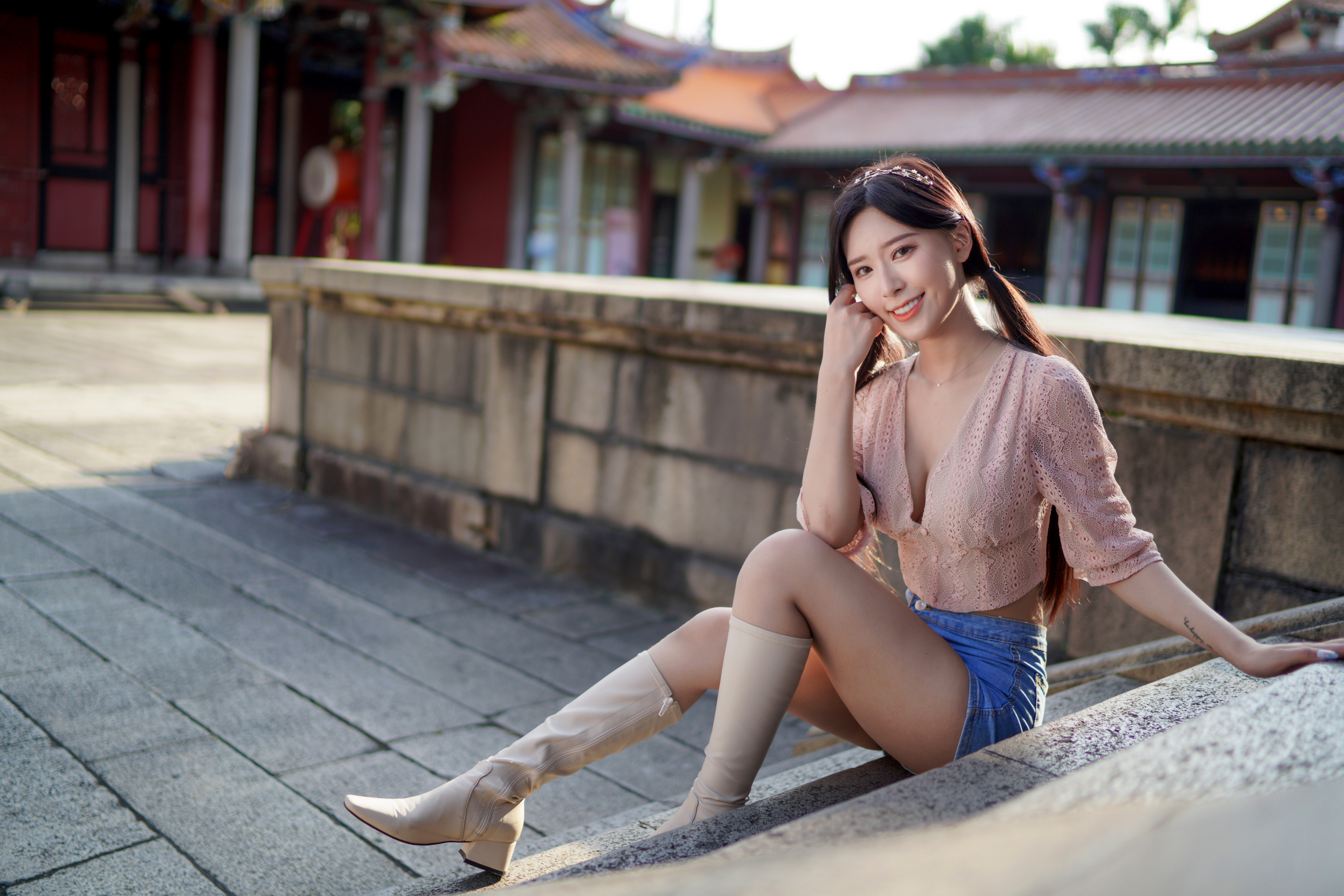 Asian Model Women Long Hair Dark Hair Sitting Twintails Legs Boots 3840x2560
