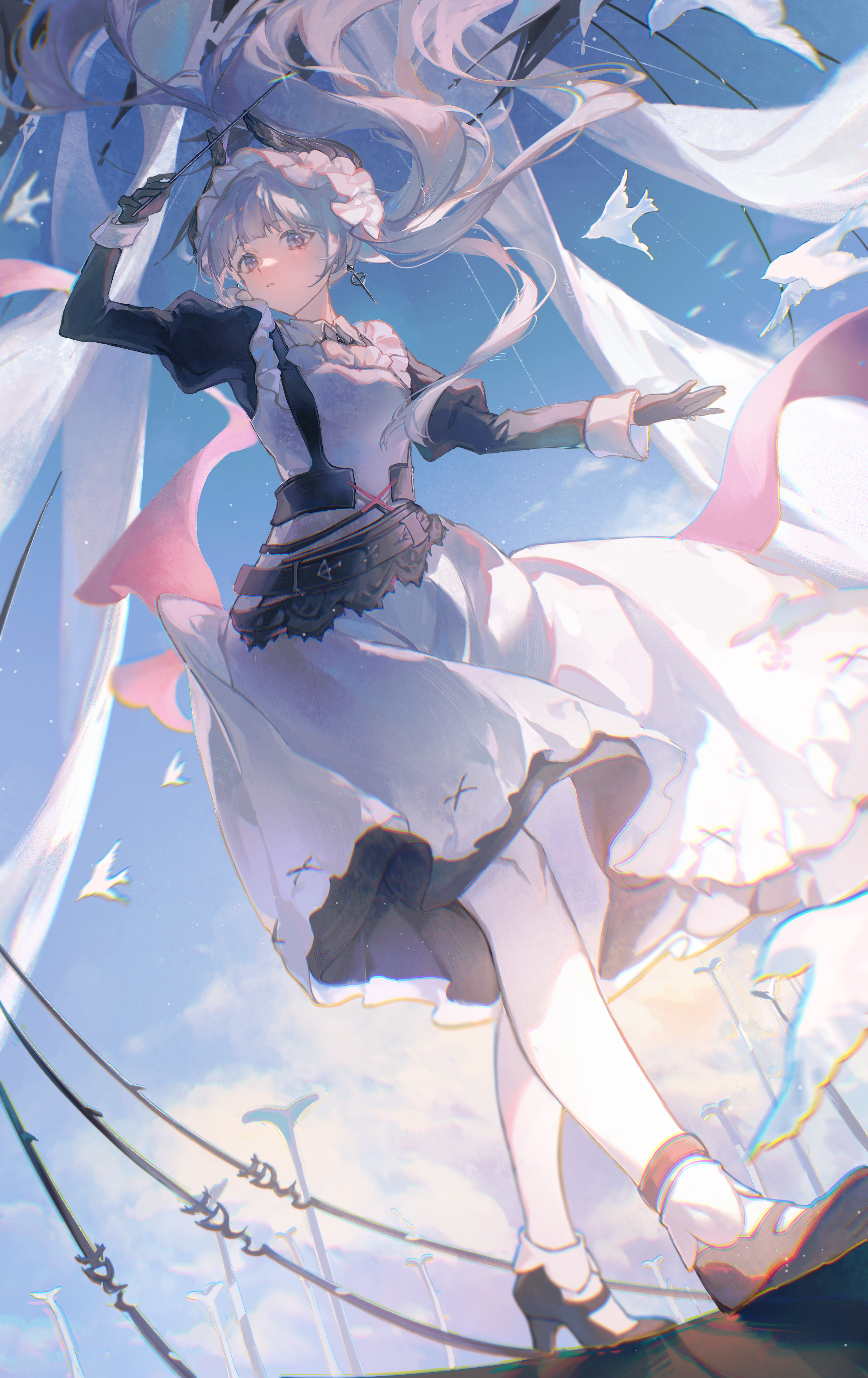 Arknights Irene Arknights Maid Outfit Walking Maid Worms Eye View Birds Hair Blowing In The Wind Gra 2109x3346