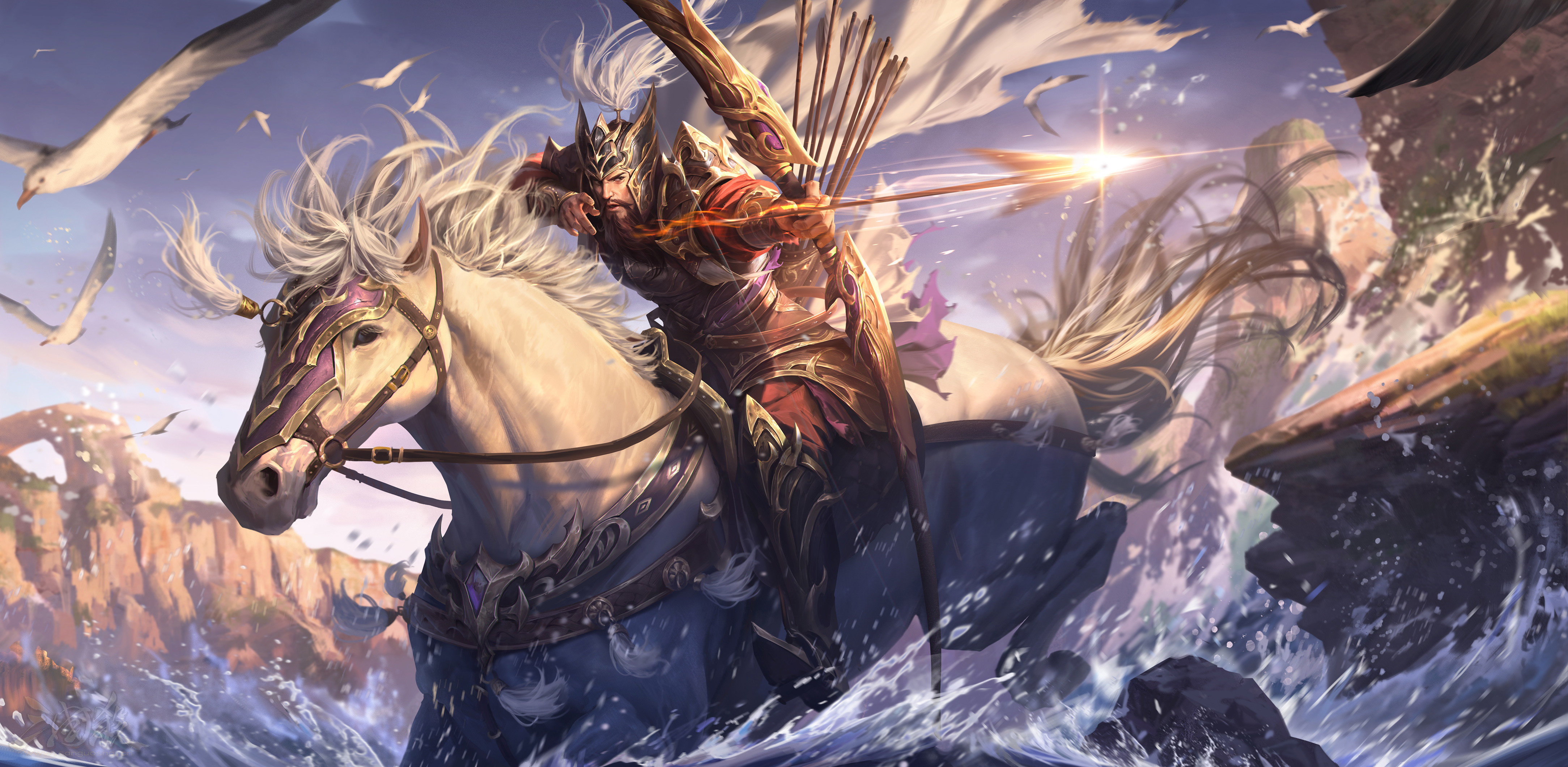 Video Game Art Video Game Cover Archer Horseback Horse Riding Seagulls 4335x2121