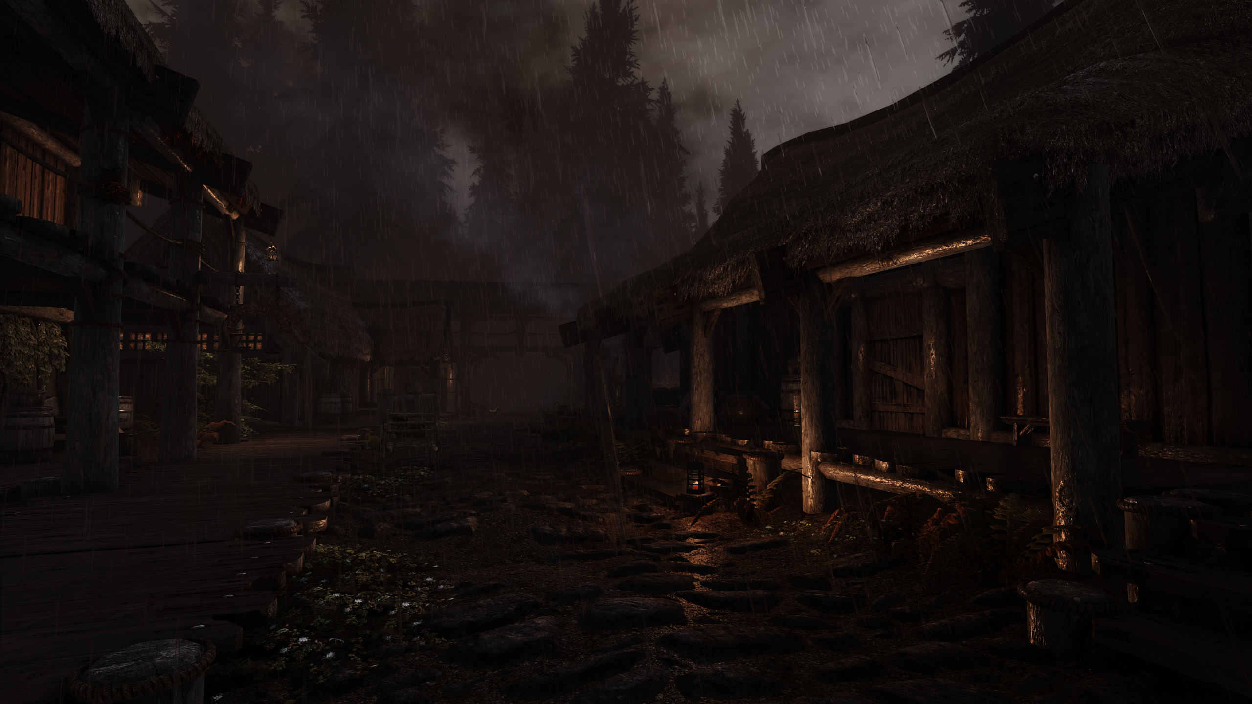 Video Games CGi The Elder Scrolls V Skyrim Riverwood Night Video Game Art Rain Trees Architecture 2560x1440