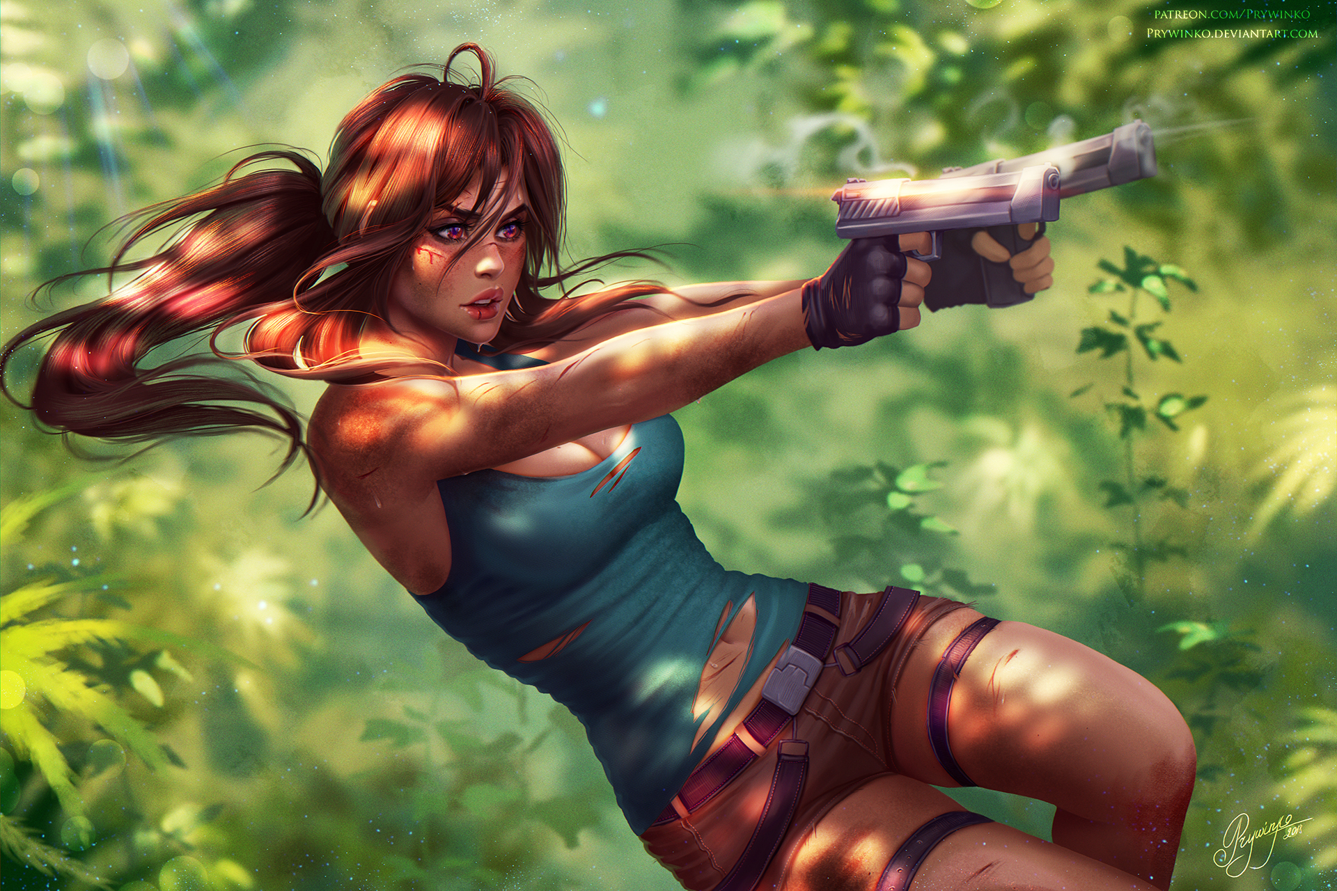 Lara Croft Gun Woman Warrior Shorts Ponytail Brown Hair 1920x1280