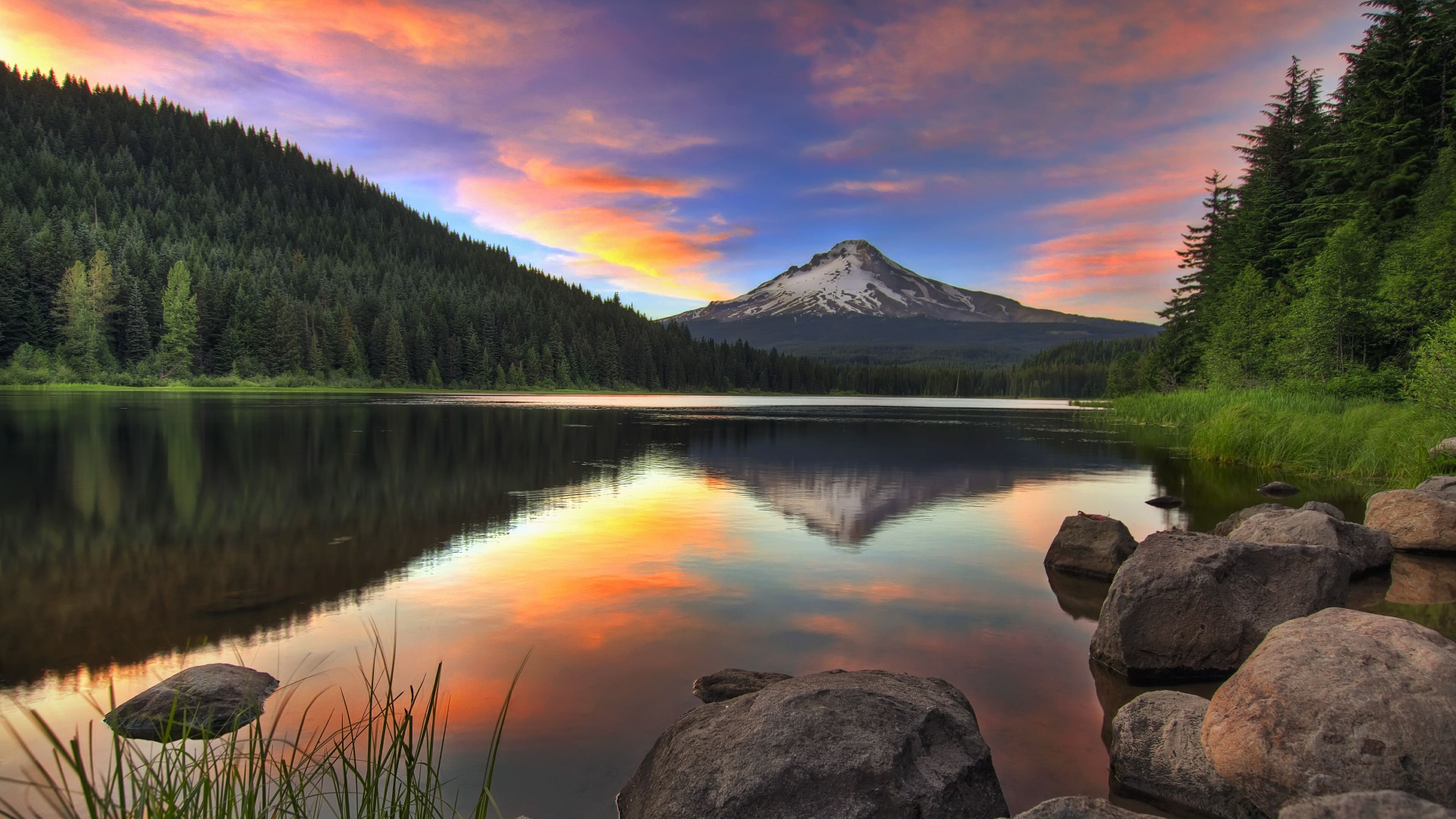 Mount Hood Trees Rocks Water Nature Mountains Clouds Reflection Sky 1920x1080