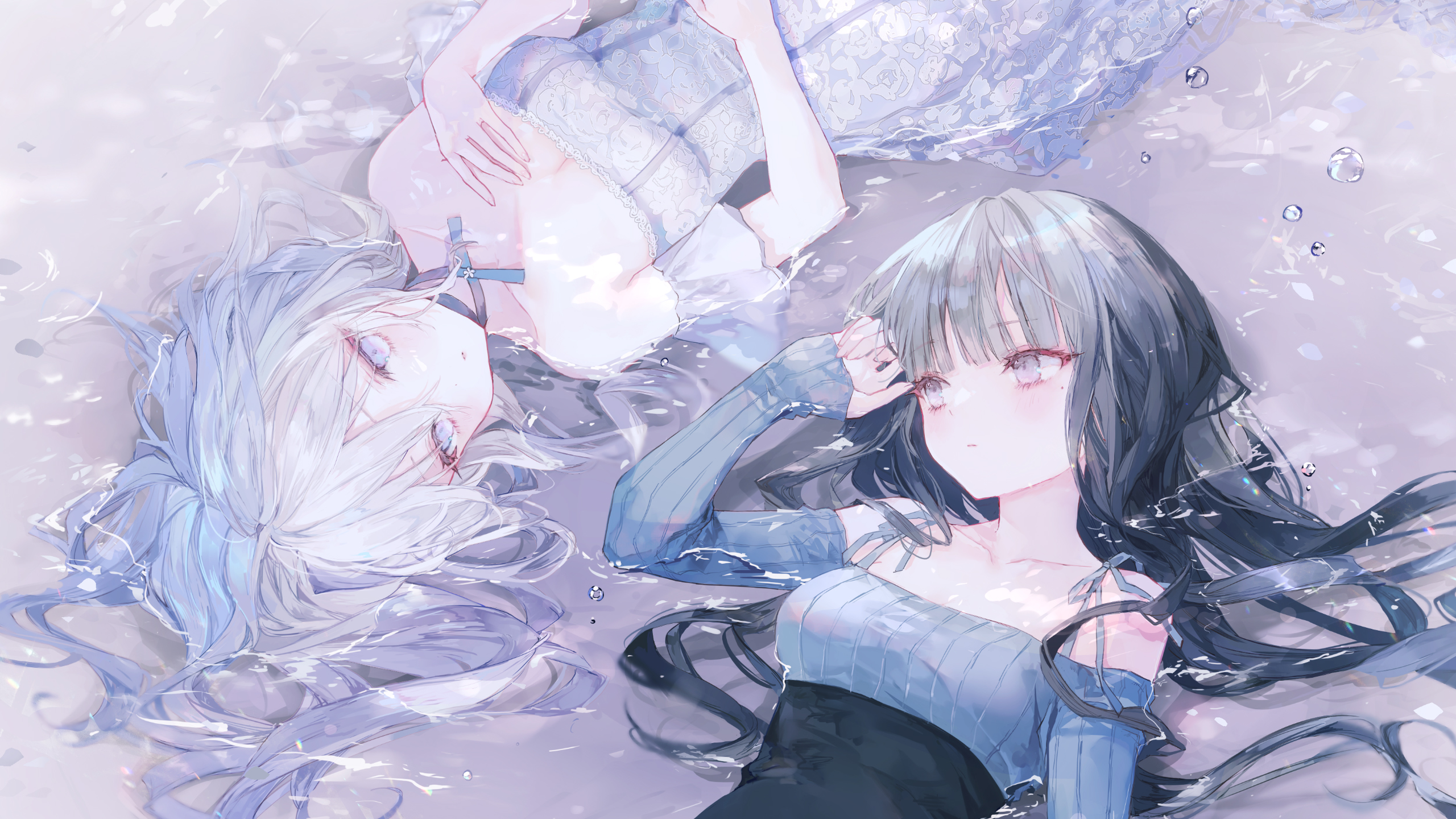 Anime Girls Artwork Digital Art Lie Water Lying Down Lying On Back Long Hair Bare Shoulders Water Dr 2560x1440