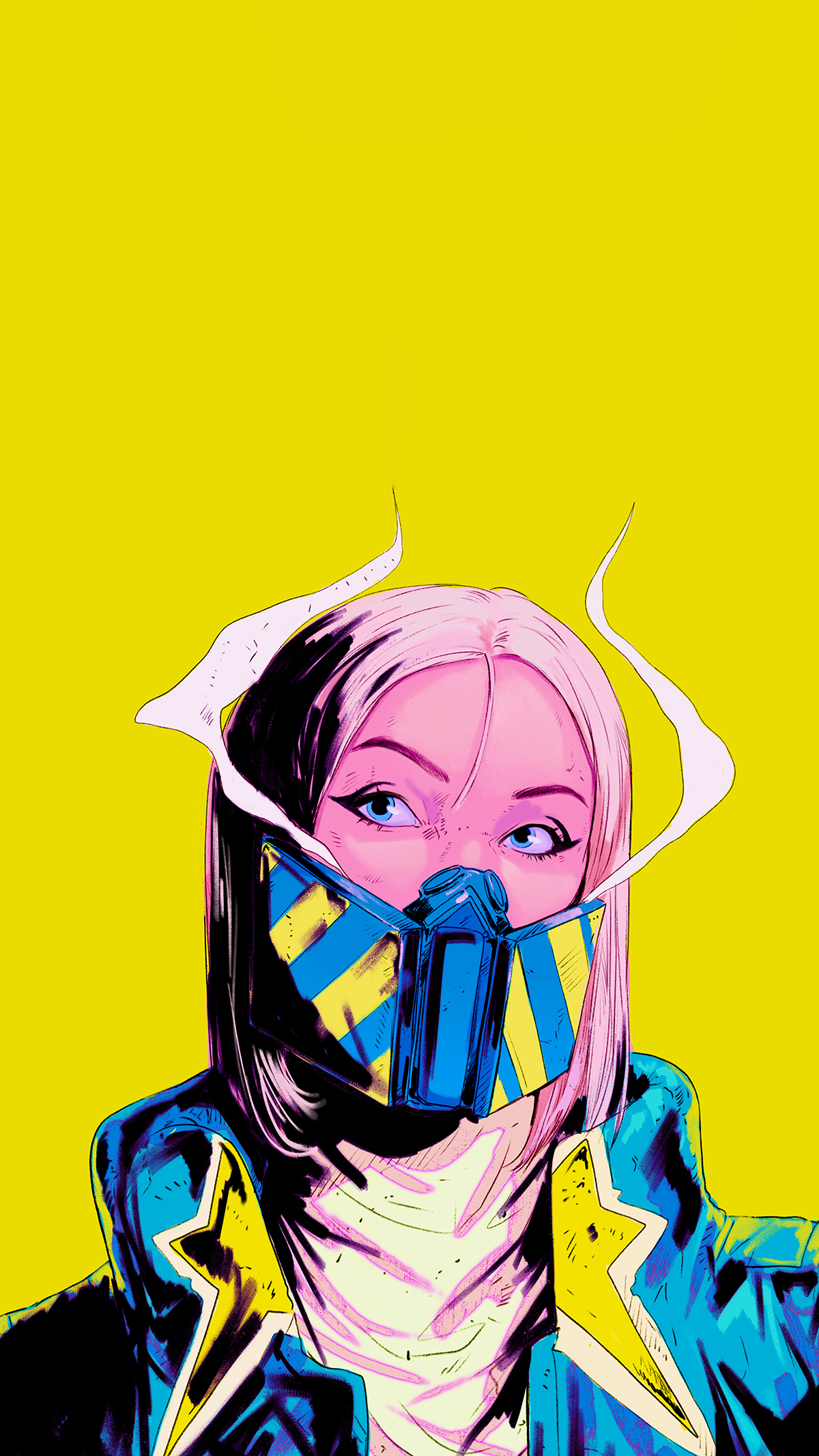 Science Fiction Cyber Mask Artwork Diberkato Simple Background Eyes Smoke Yellow Background Portrait 1200x2133